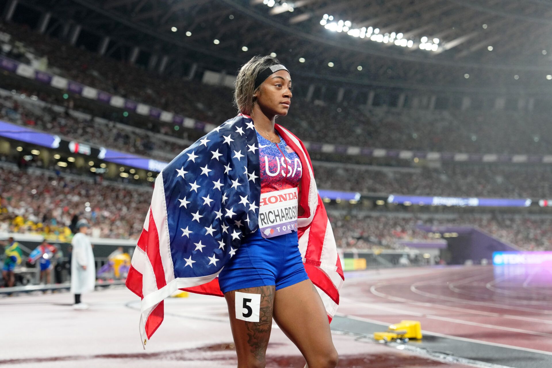 Sha'Carri Richardson (USA) after winning the womens 4x100m relay final at National Stadium.