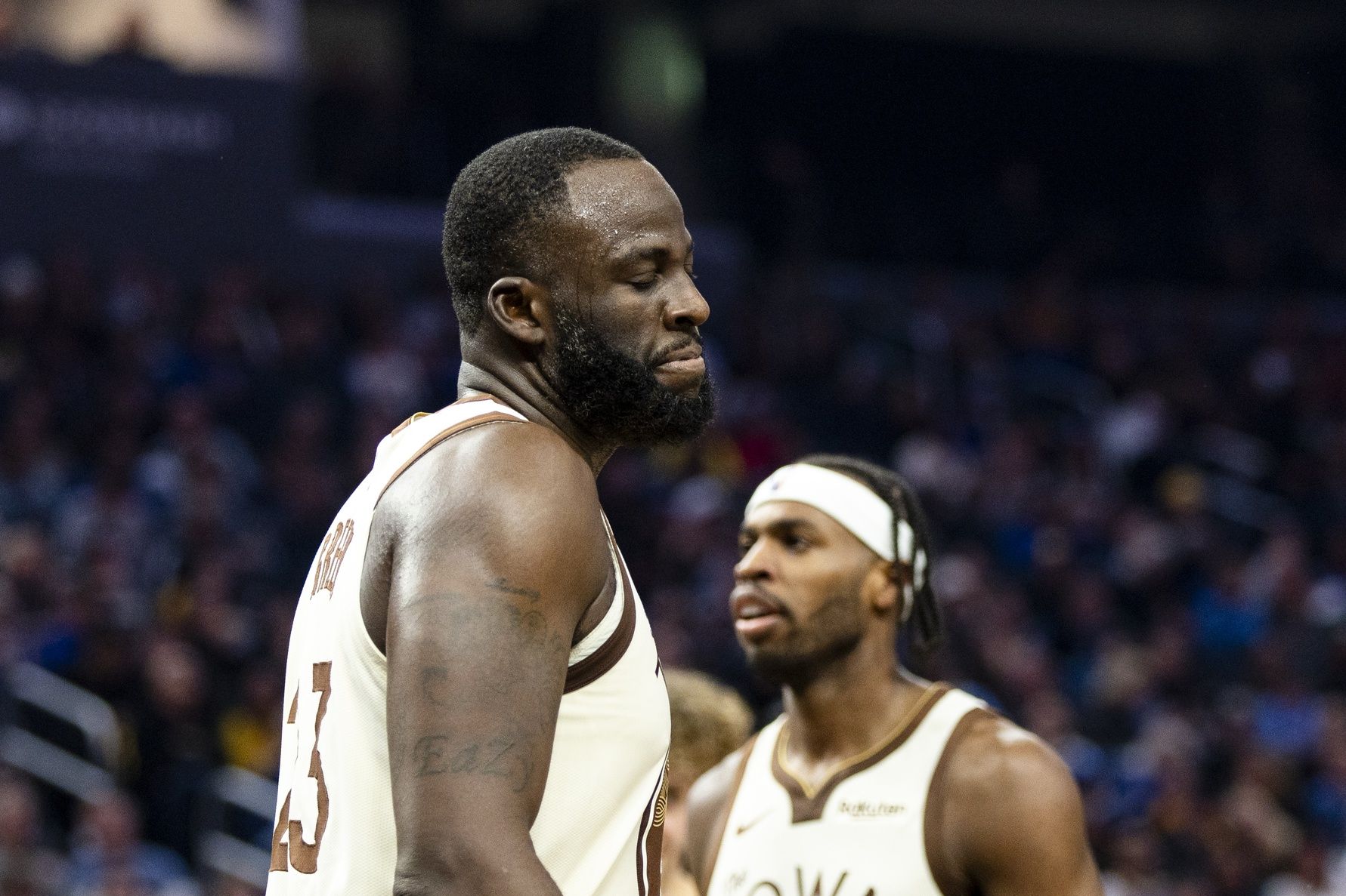 Golden State Warriors forward Draymond Green (23) reacts during the second quarter against the New Orleans Pelicans at Chase Center.