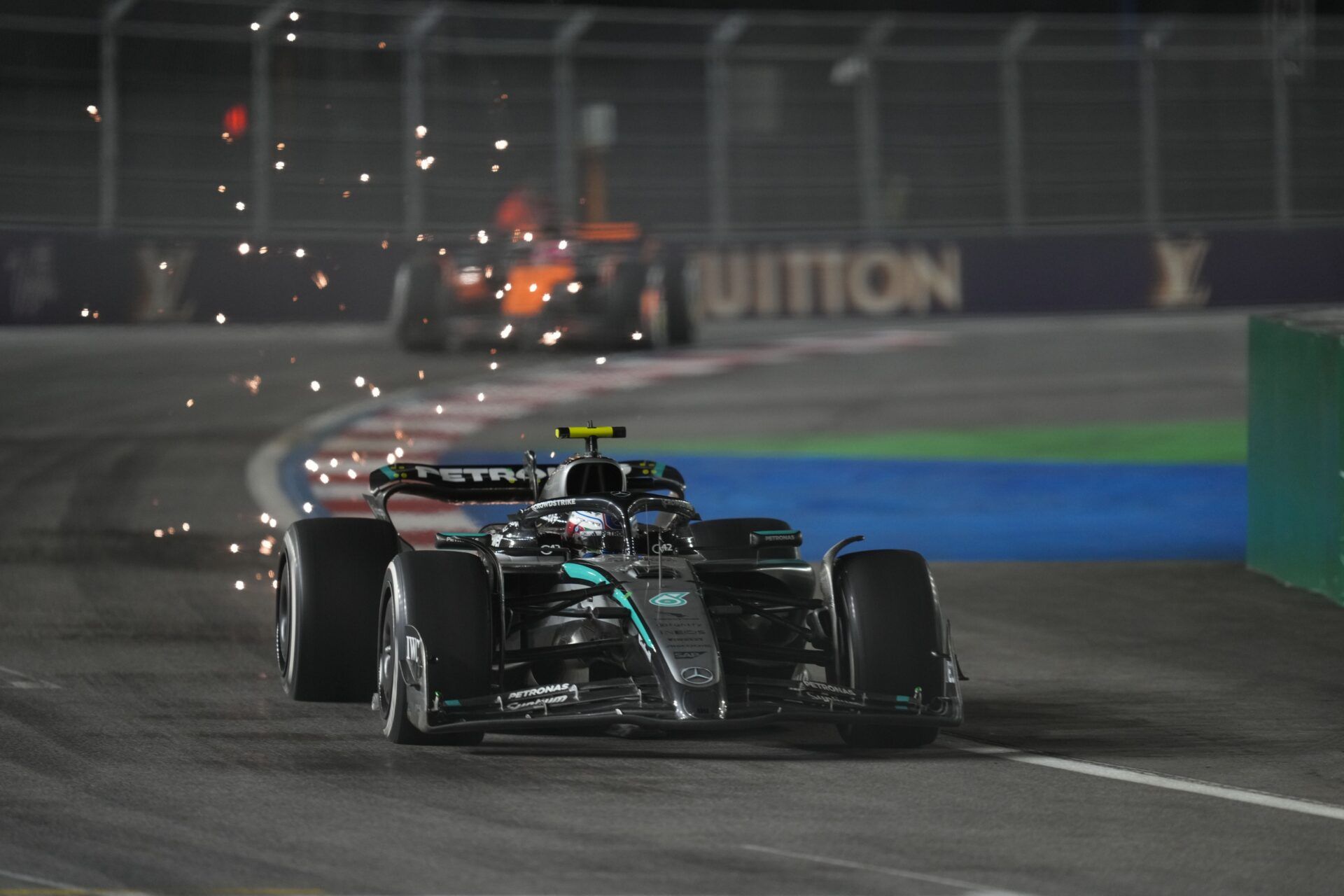 Mercedes driver Andrea Kimi Antonelli (12) drives during the Las Vegas Grand Prix at the Las Vegas Strip Circuit.