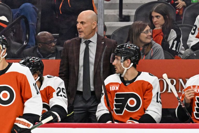 Philadelphia Flyers head coach Rick Tocchet behind the bench against the Winnipeg Jets at Wells Fargo Center.