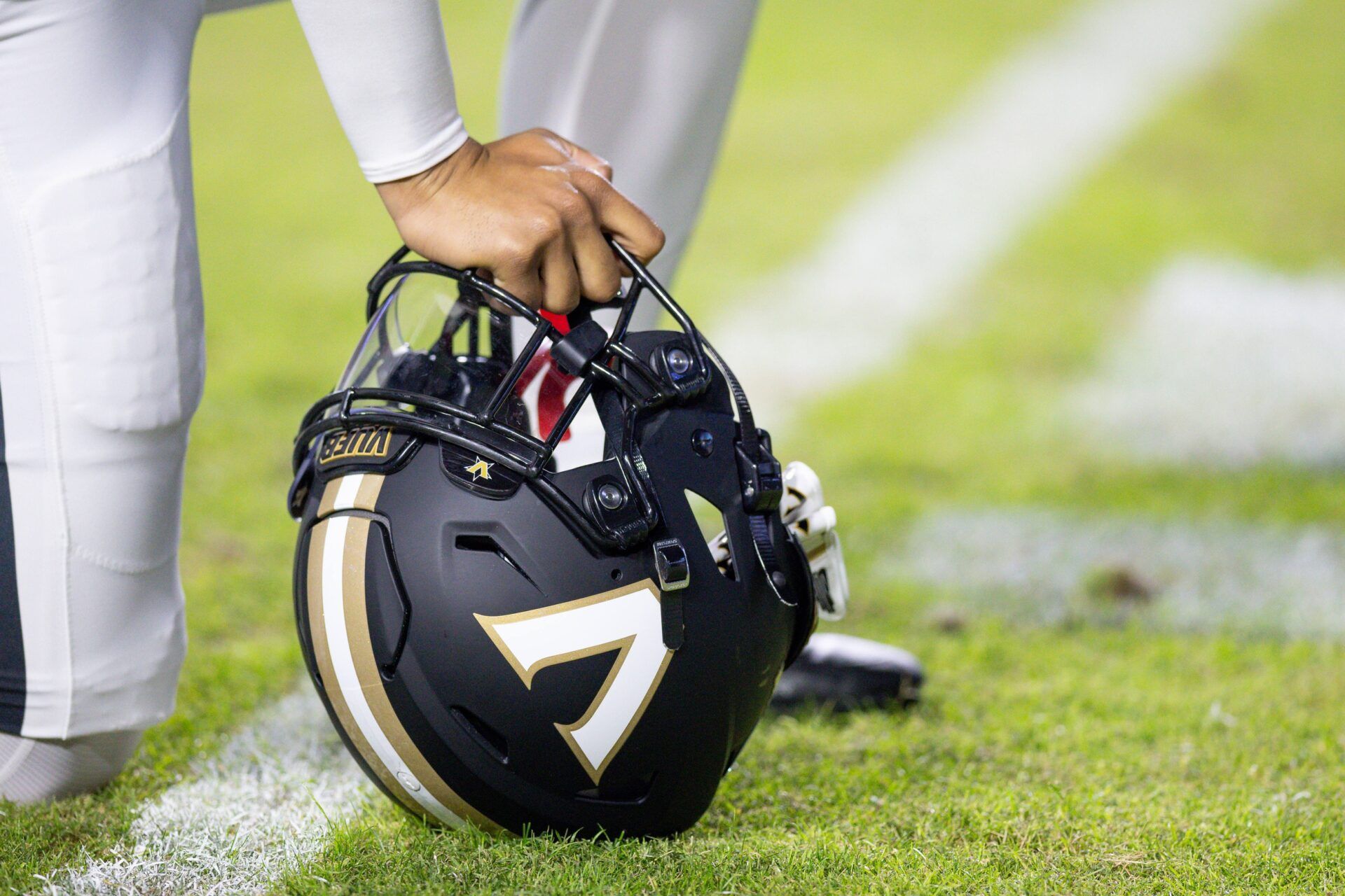 Detailed view of the Vanderbilt Commodores helmet on the turf against the LSU Tigers during the first half at Tiger Stadium.