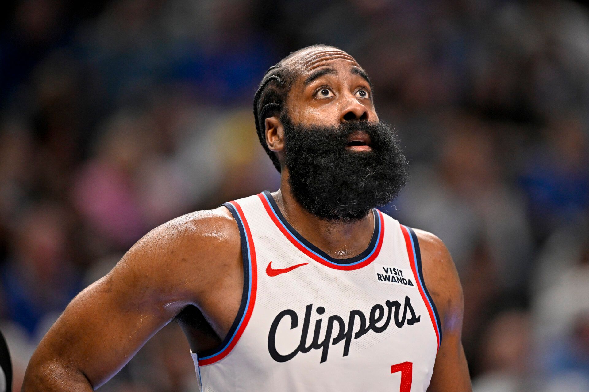 LA Clippers guard James Harden (1) looks on during an NBA Cup game between the Mavericks and the Clippers at the American Airlines Center.