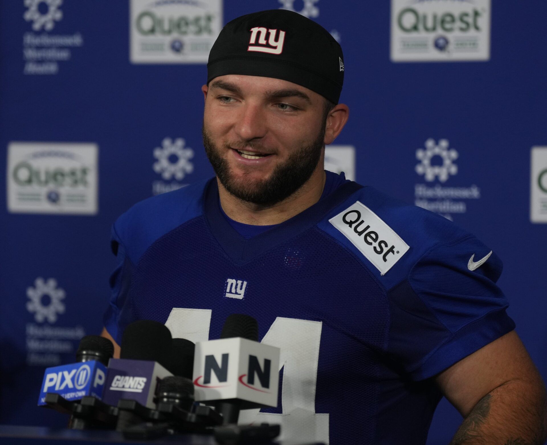 Eat Rutherford, NJ -- May 9, 2025 -- Cam Skattebo talks to the media following practice at Giants Rookie Minicamp.