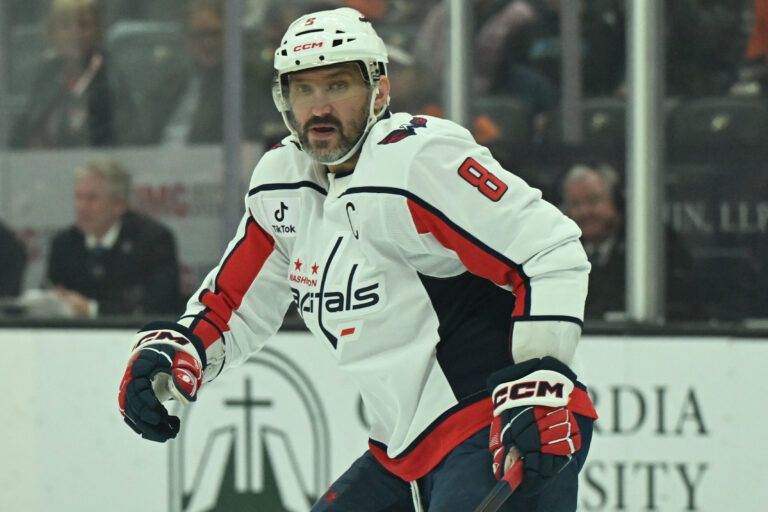 Washington Capitals left wing Alex Ovechkin (8) looks on against the Anaheim Ducks during the first period at Honda Center.