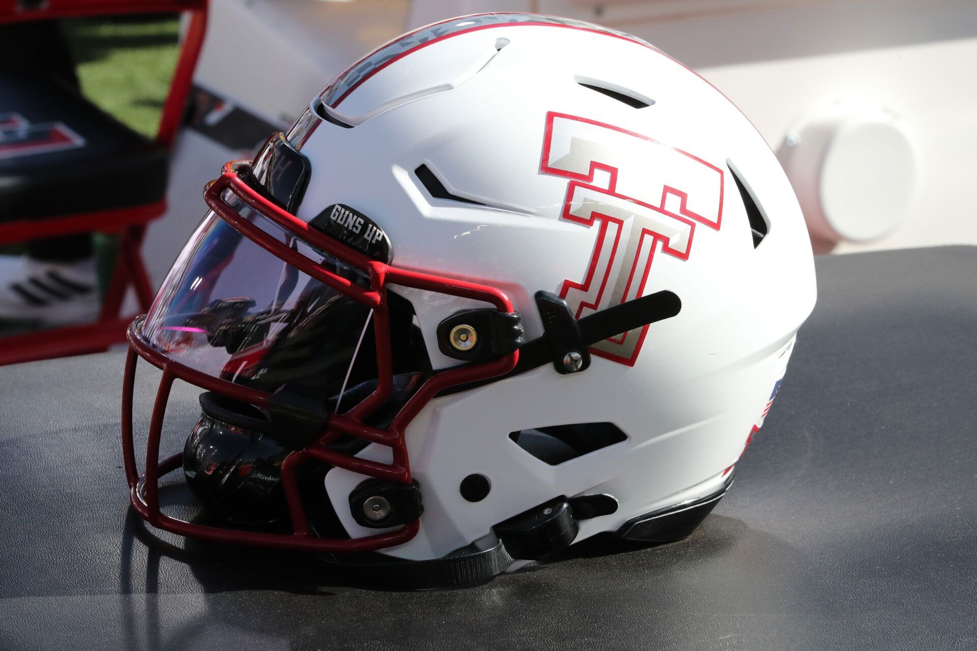 A general view of a Texas Tech Red Raiders helmet on the bench in the second half during the game against the Brigham Young Cougars at Jones AT&T Stadium.