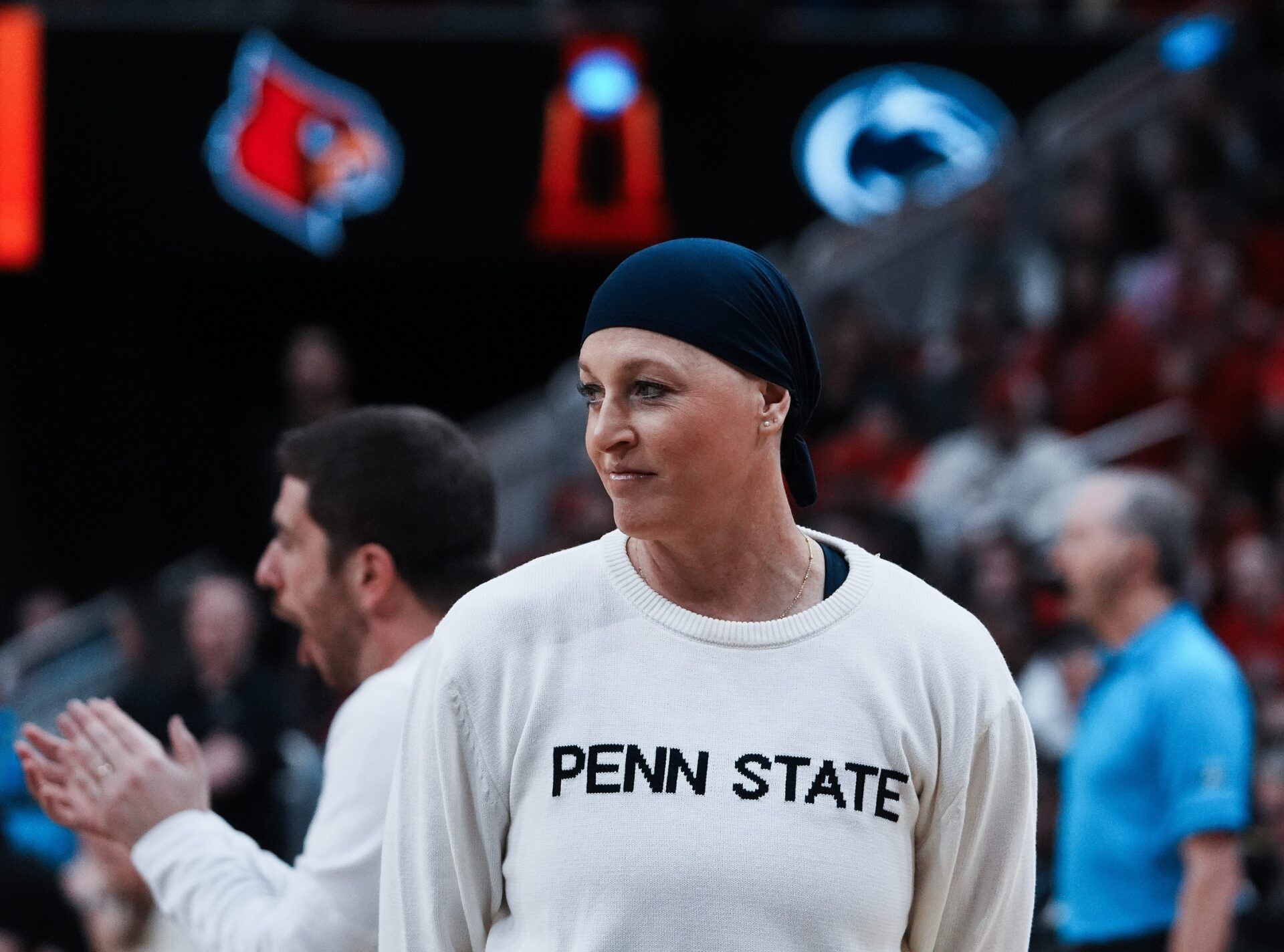 Penn State head coach Katie Schumacher-Cawley watched action against Louisville during the NCAA Championship Volleyball match at the KFC Yum! Center in Louisville, Ky. on Dec. 22, 2024.