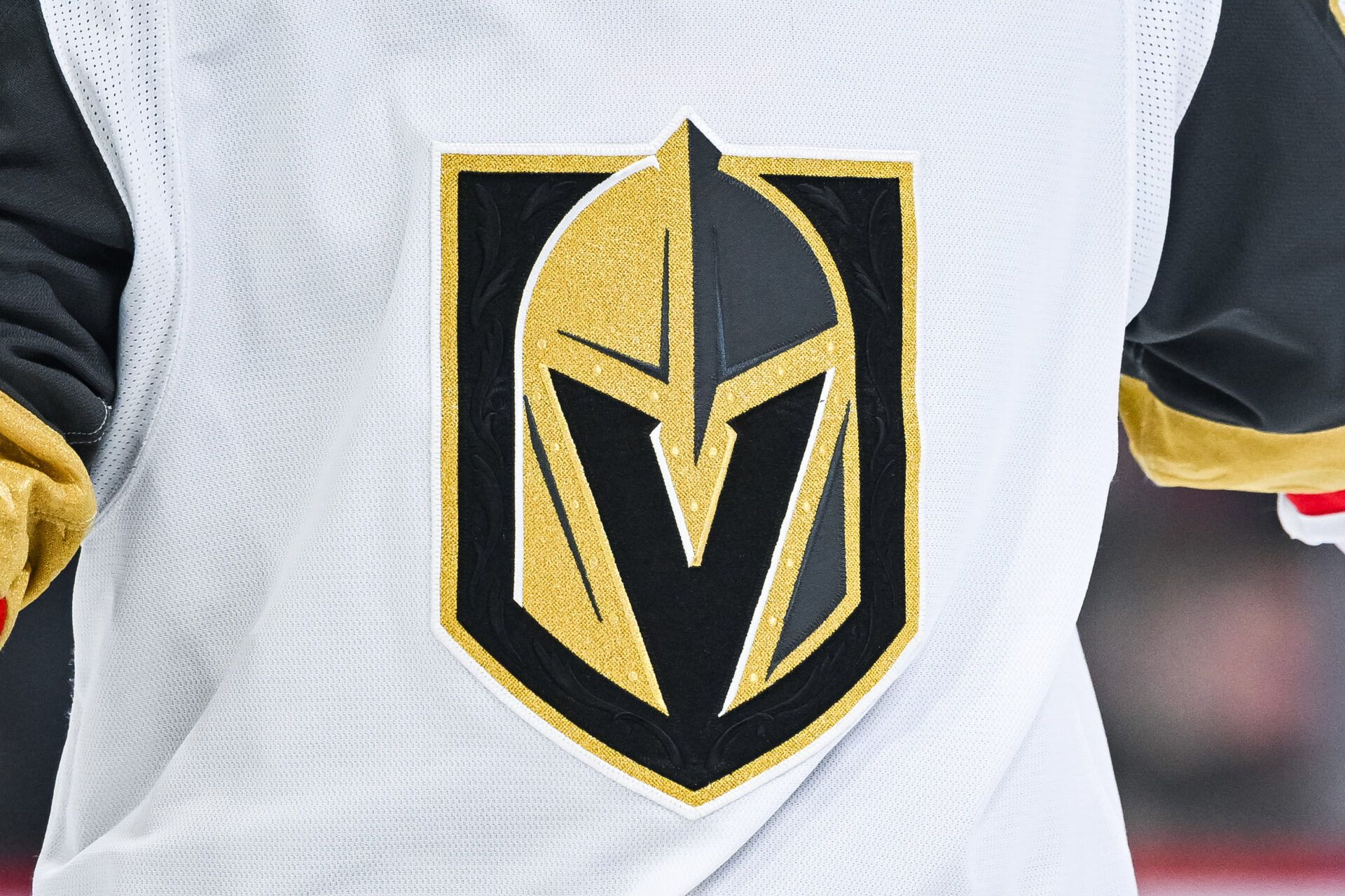 View of a Las Vegas Golden Knights logo on a jersey worn by a member of the team during the second period at Bell Centre.