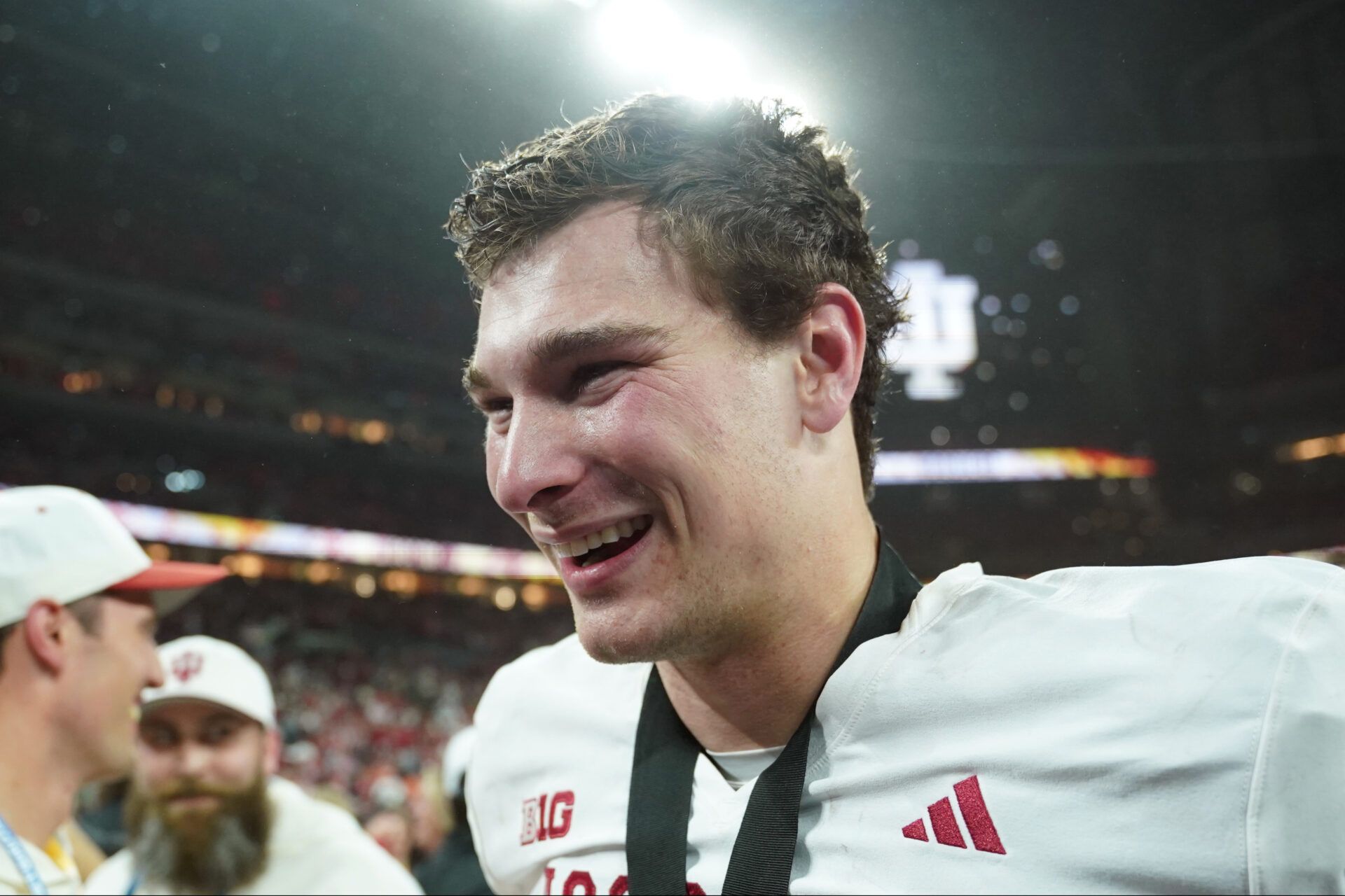 Indiana Hoosiers quarterback Fernando Mendoza (15) celebrates after defeating the Ohio State Buckeyes in the 2025 Big Ten championship game at Lucas Oil Stadium.