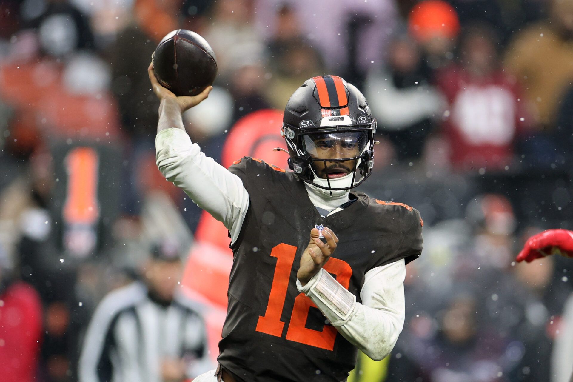 Cleveland Browns quarterback Shedeur Sanders (12) throws a pass against the Tennessee Titans during the fourth quarter at Huntington Bank Field.
