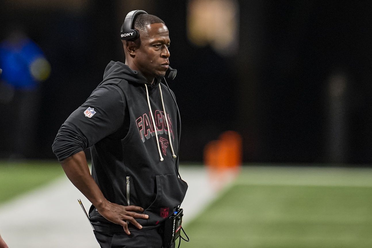 Atlanta Falcons head coach Raheem Morris shown on the field against the Seattle Seahawks during the second half at Mercedes-Benz Stadium.