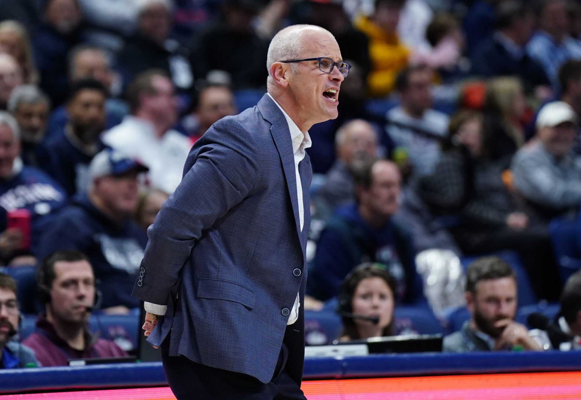 UConn Huskies head coach Dan Hurley watches from the sideline as they take on East Texas A&M at Harry A. Gampel Pavilion.