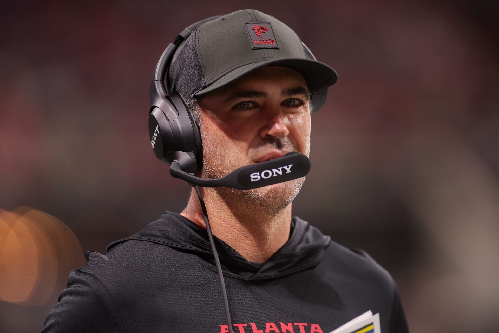 Atlanta Falcons offensive coordinator Zac Robinson on the sideline against the Seattle Seahawks in the second quarter at Mercedes-Benz Stadium.
