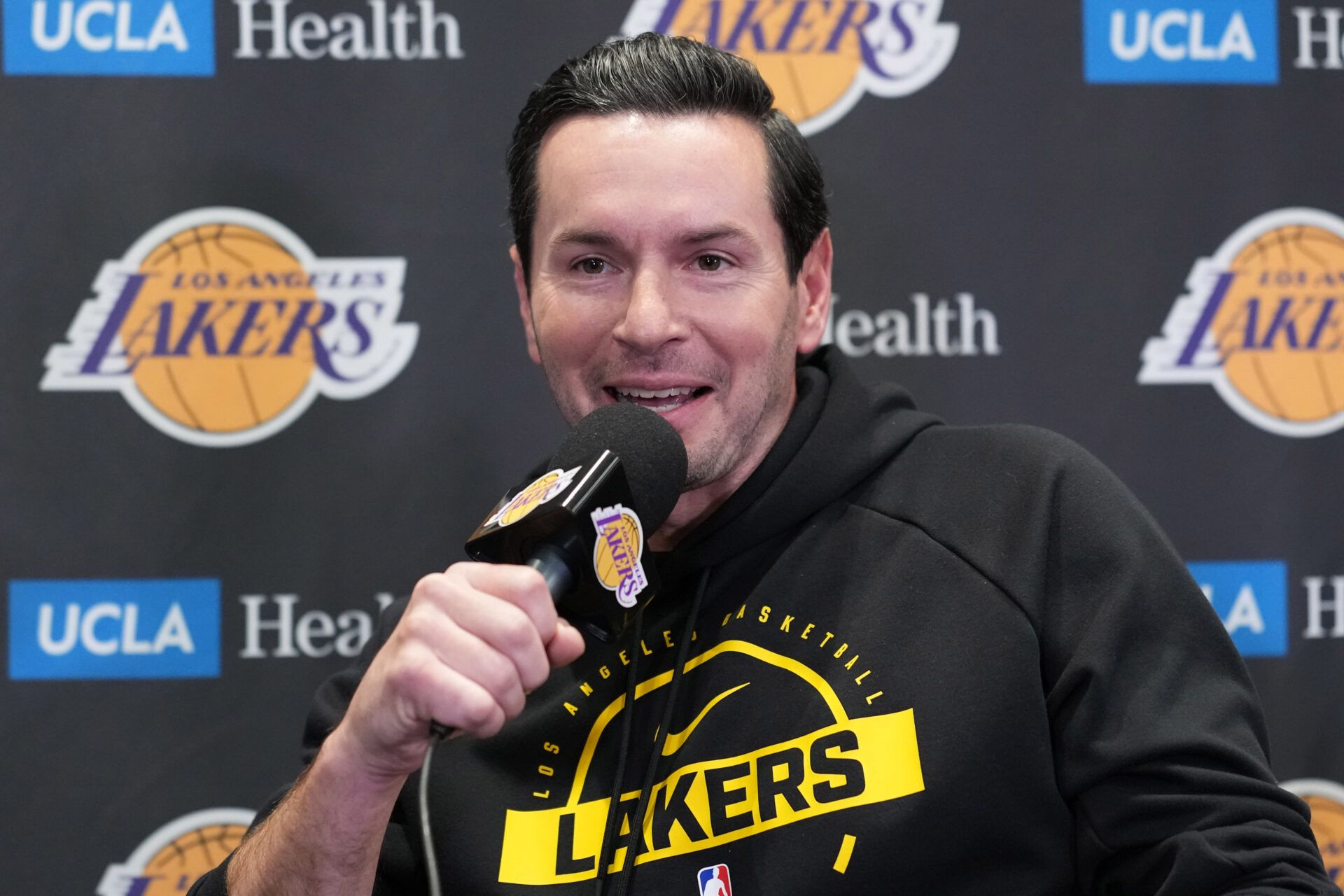 Los Angeles Lakers head coach JJ Redick at press conference at Crypto.com Arena.