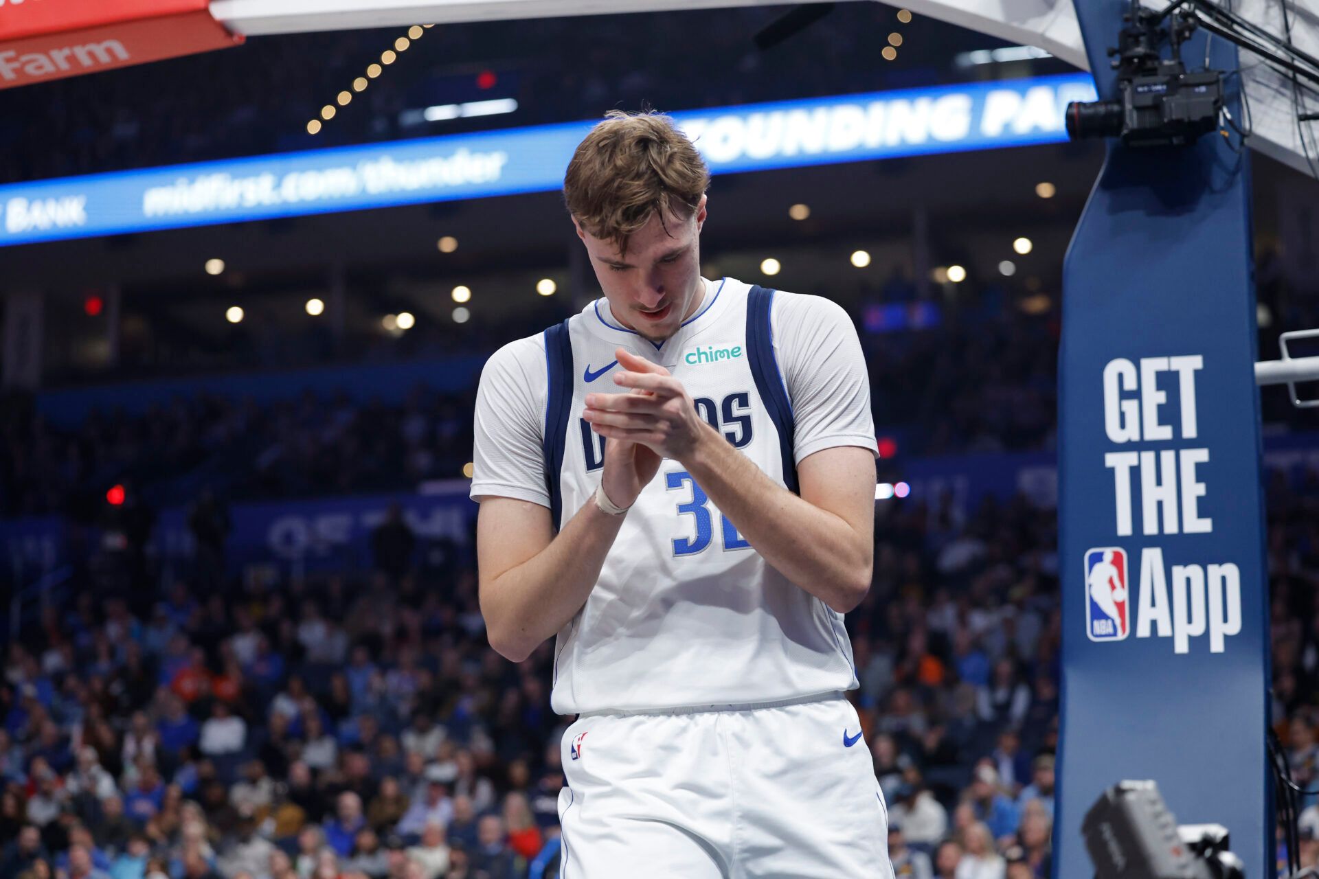 Dallas Mavericks forward Cooper Flagg (32) reacts after a play against the Oklahoma City Thunder during the second quarter at Paycom Center.