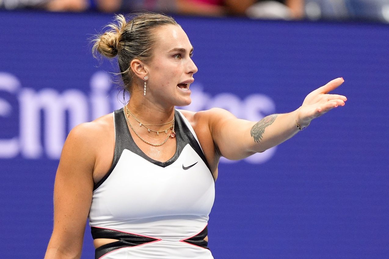 Aryna Sabalenka reacts in the women's singles final against Amanda Anisimova (USA) (not pictured) of the 2025 US Open tennis championships at Billie Jean King National Tennis Center.