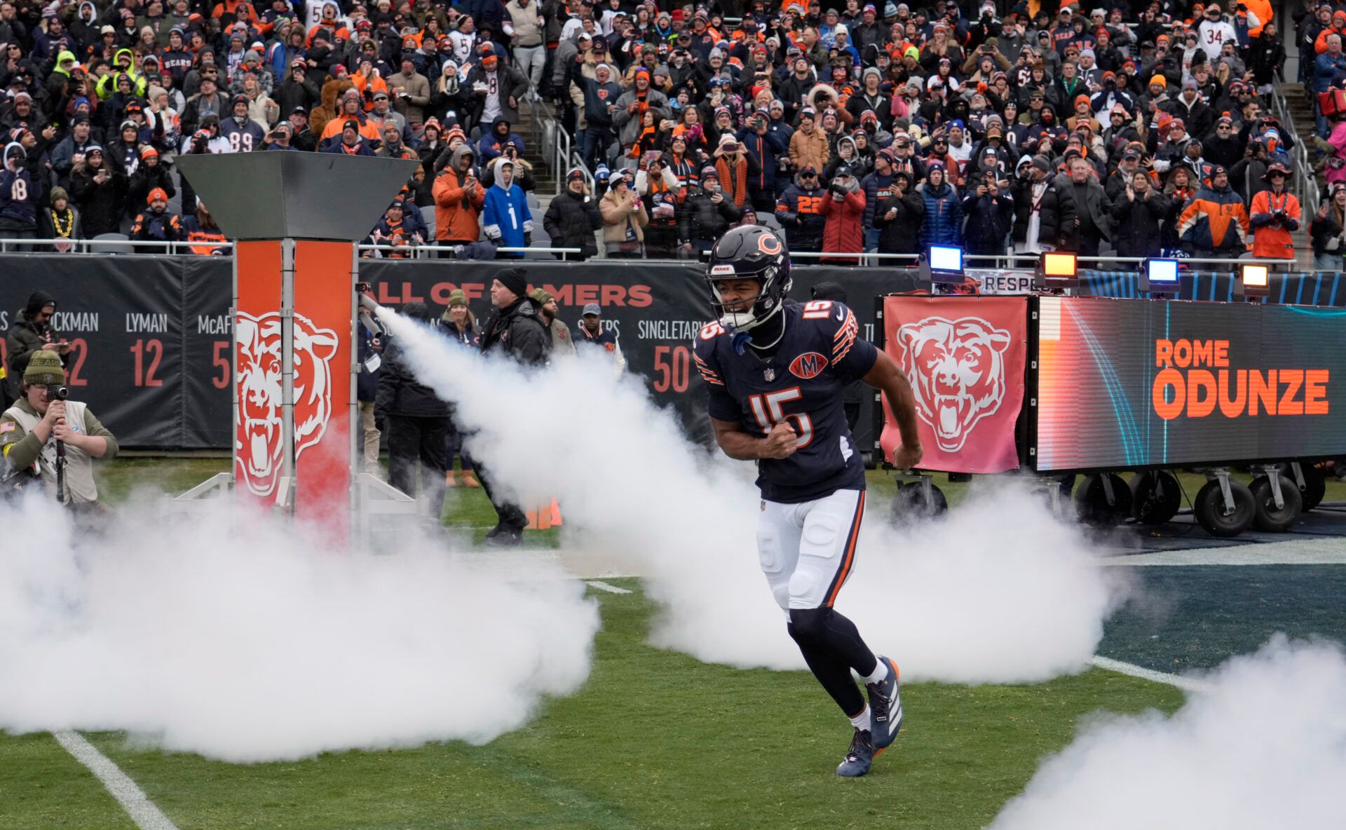 Chicago Bears wide receiver Rome Odunze (15) takes the field for a game against the New York Giants at Soldier Field.