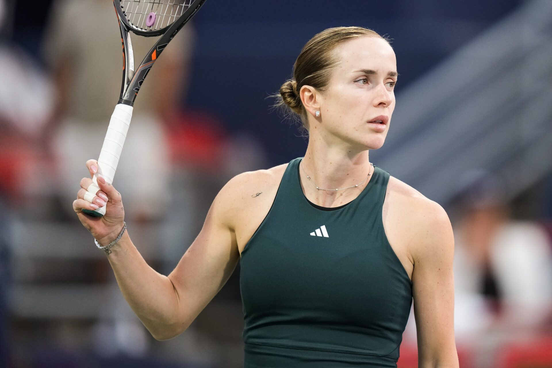 Elina Svitolina (UKR) looks on against Naomi Osaka (JPN) in quarterfinal play at IGA Stadium.