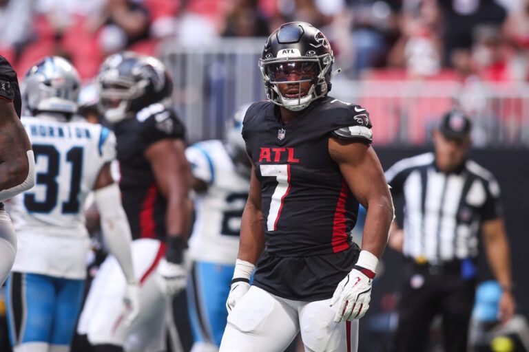 Atlanta Falcons running back Bijan Robinson (7) looks on after scoring a touchdown against the Carolina Panthers in the second quarter at Mercedes-Benz Stadium.