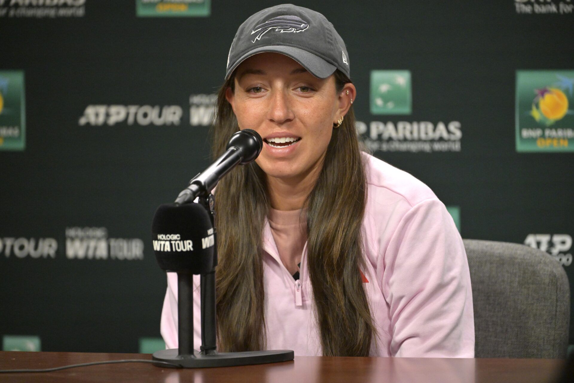 Jessica Pegula (USA) talks to the media during a news conference during the BNP Paribas Open at the Indian Well Tennis Garden.