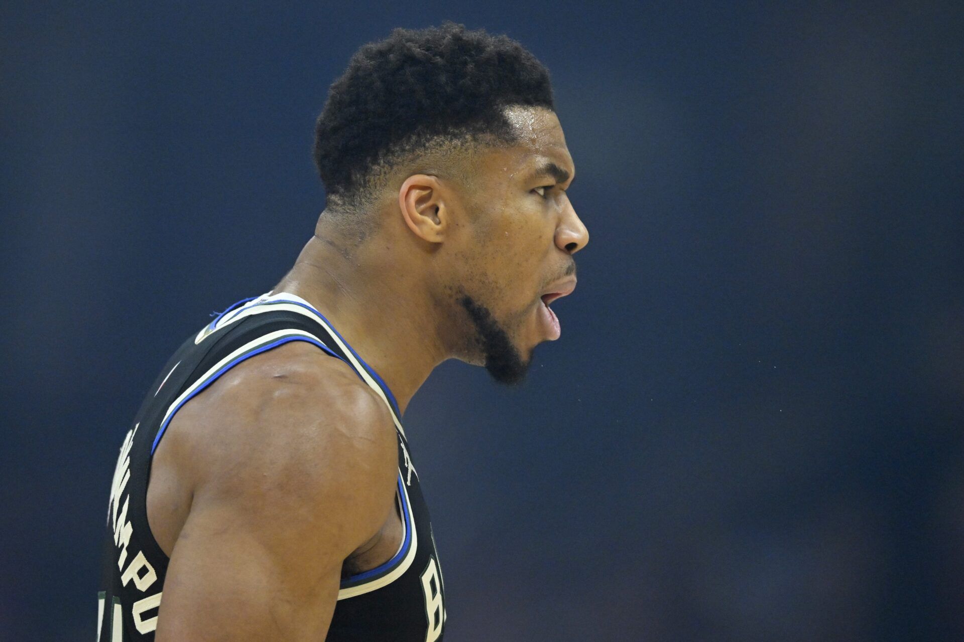 Milwaukee Bucks forward Giannis Antetokounmpo (34) reacts in the first quarter against the Cleveland Cavaliers at Rocket Arena.