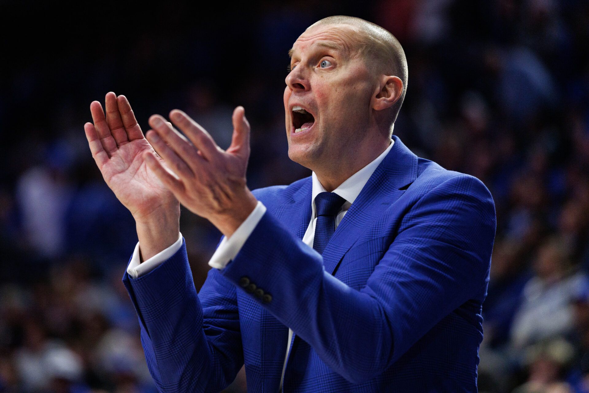 Kentucky Wildcats head coach Mark Pope reacts after a play during the first half against the North Carolina Tar Heels at Rupp Arena at Central Bank Center.