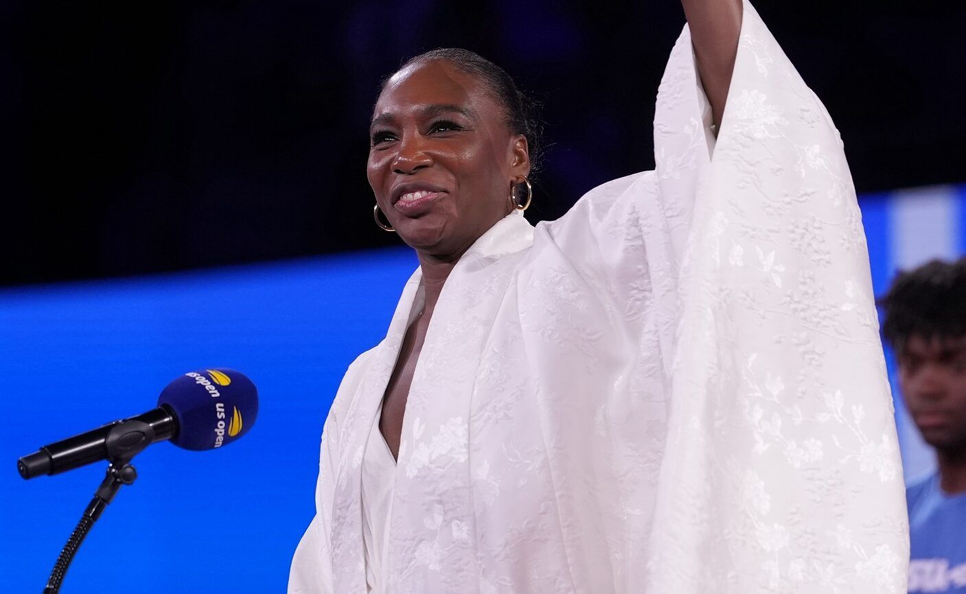 Venus Williams greets the crowd in a presentation between games on day twelve of the 2025 U.S. Open tennis tournament at the USTA Billie Jean King National Tennis Center.