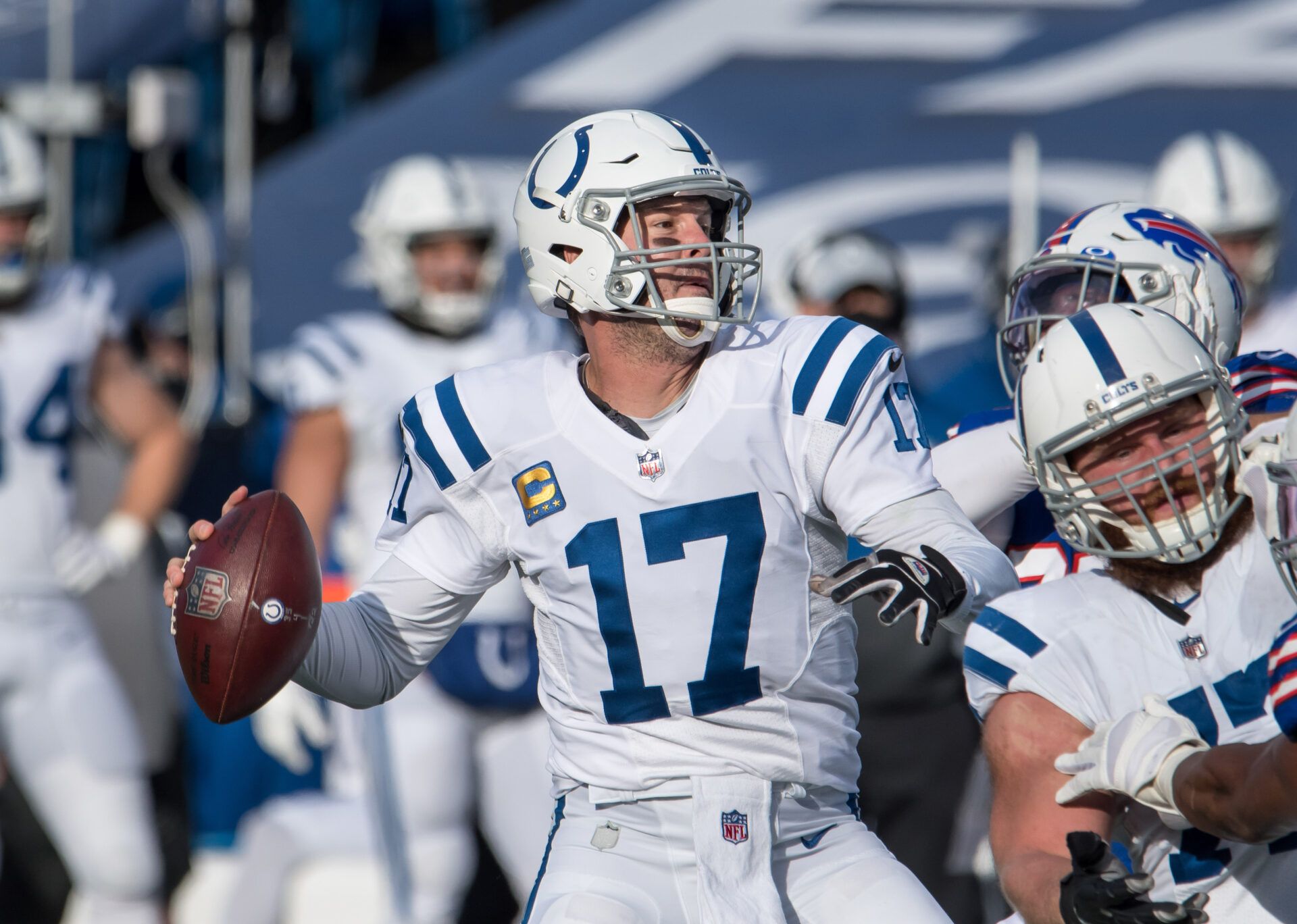 Indianapolis Colts quarterback Philip Rivers (17) looks to throw a pass in the second quarter wildcard playoff game against the Buffalo Bills at Bills Stadium.