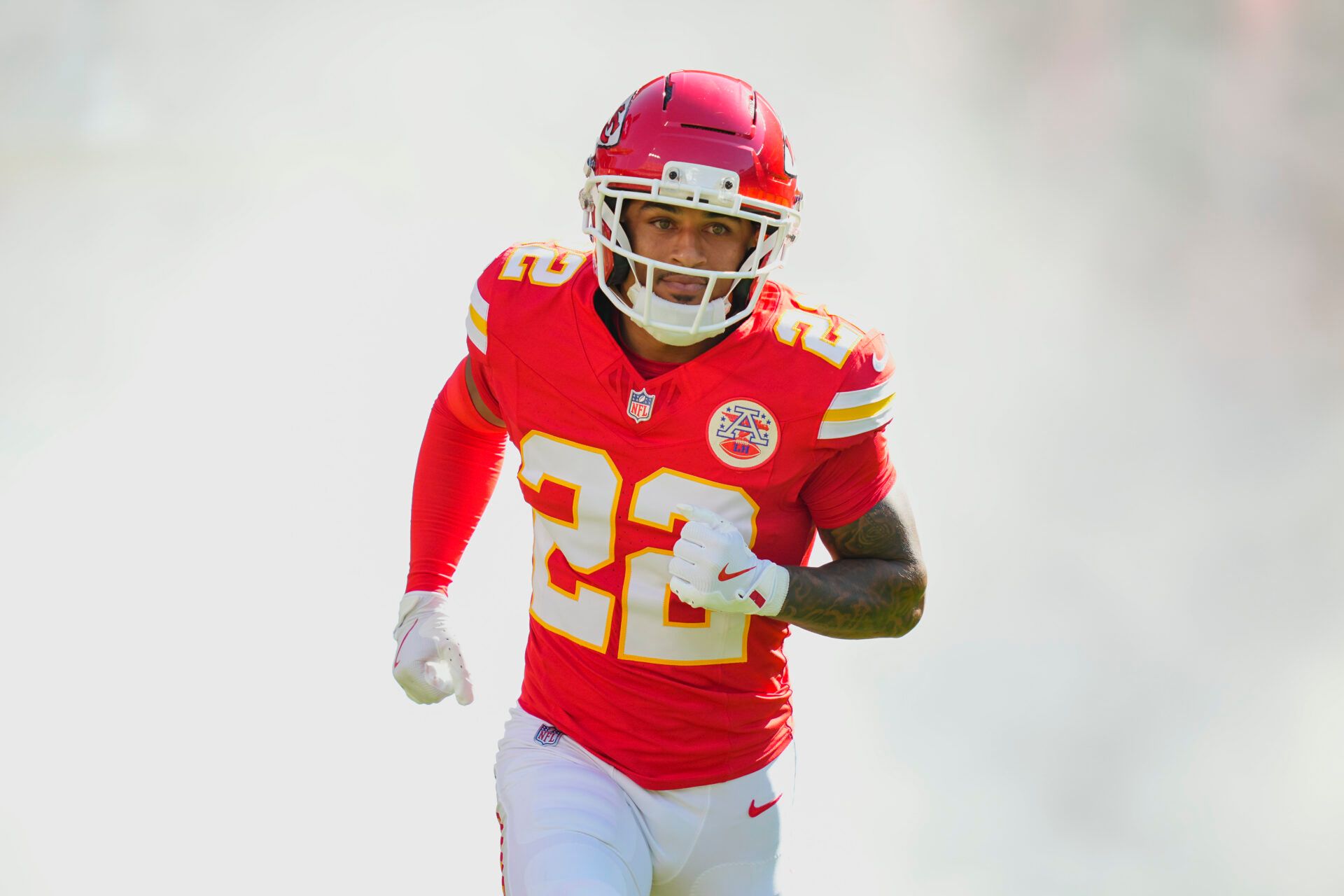 Kansas City Chiefs cornerback Trent McDuffie (22) takes the field prior to a game against the Baltimore Ravens at GEHA Field at Arrowhead Stadium.