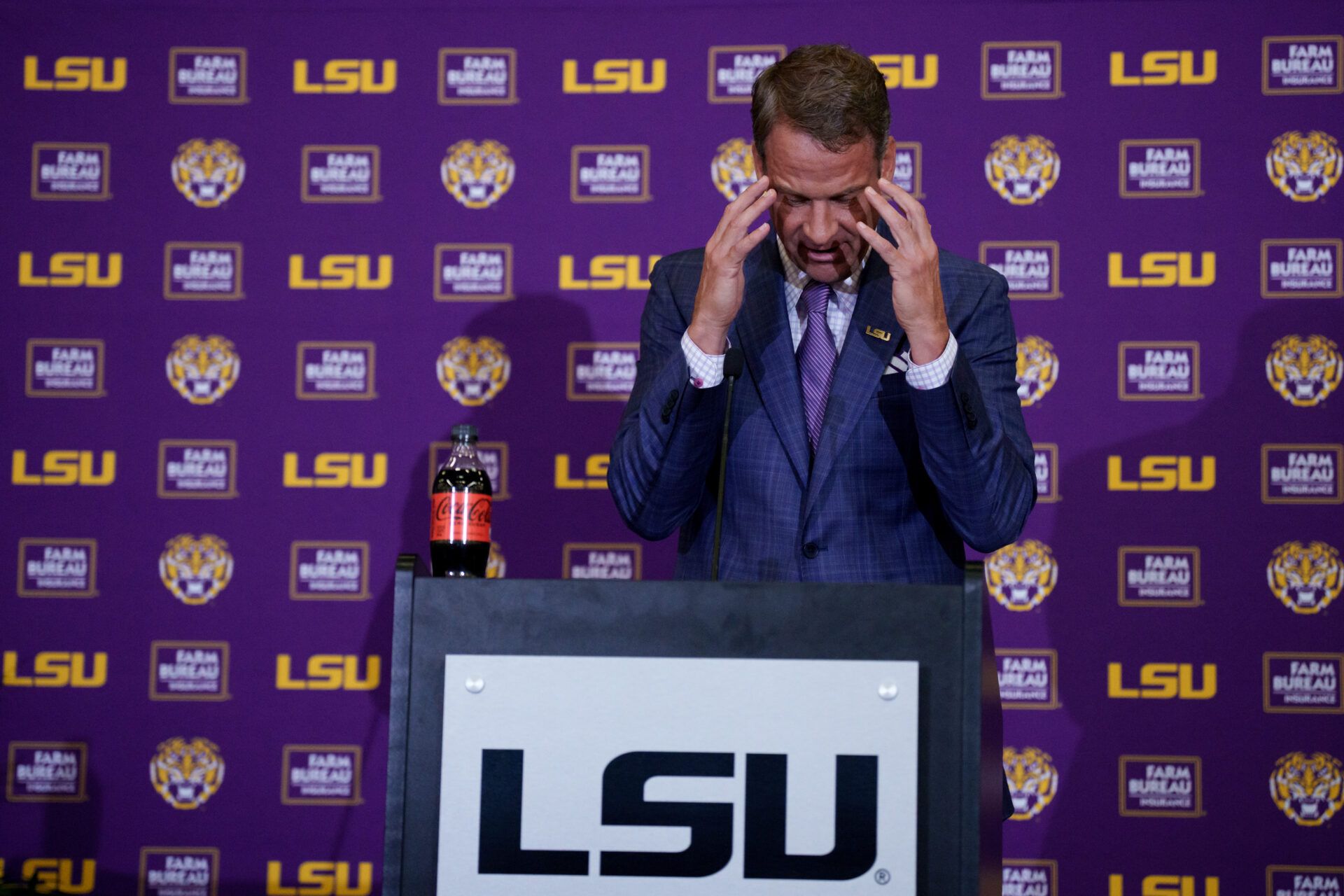 LSU new head coach Lane Kiffin speaks at South Stadium Club at Tiger Stadium.