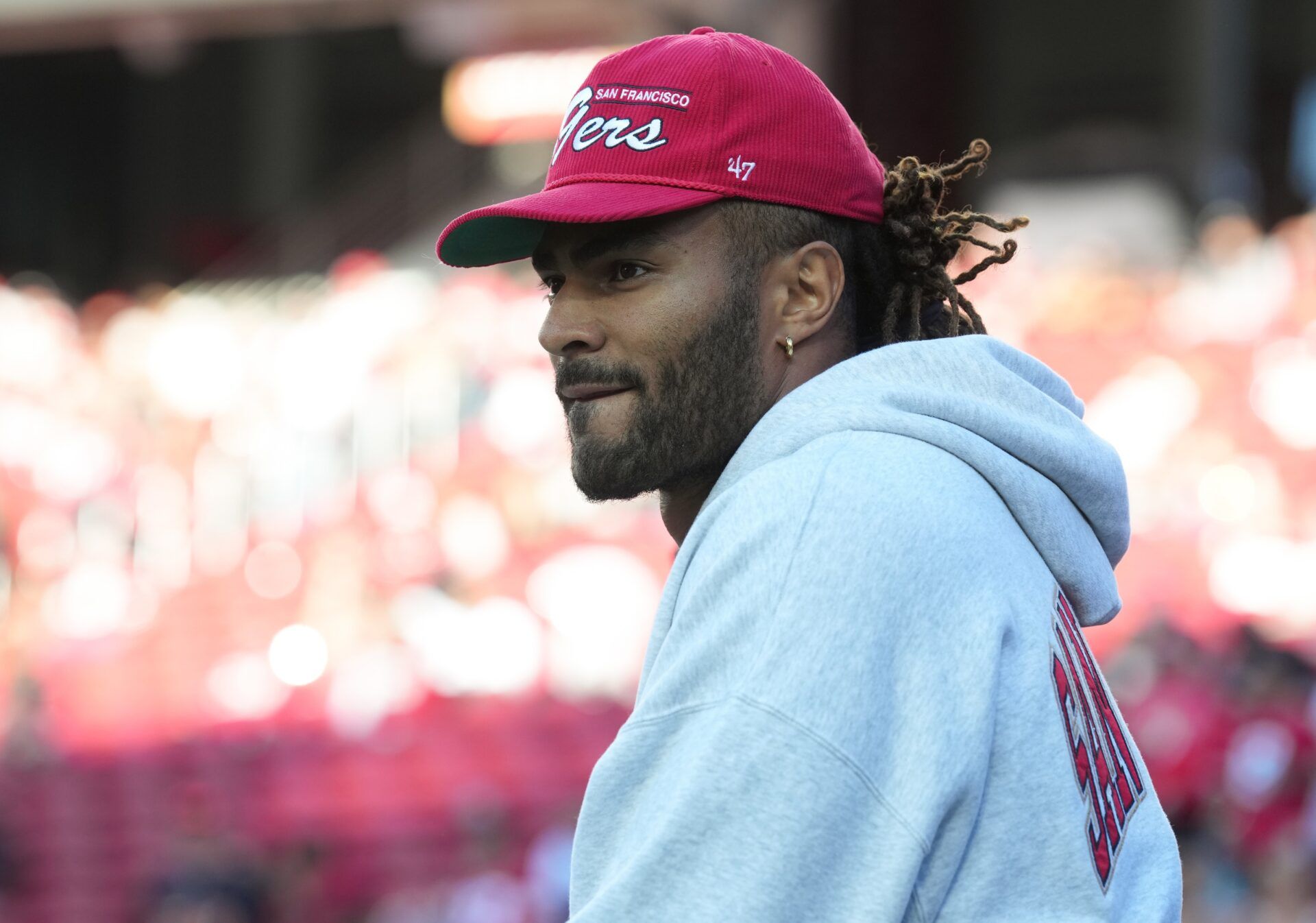 San Francisco 49ers middle linebacker Fred Warner (54) stands on the sideline during warmups prior to the game against the Atlanta Falcons at Levi's Stadium.