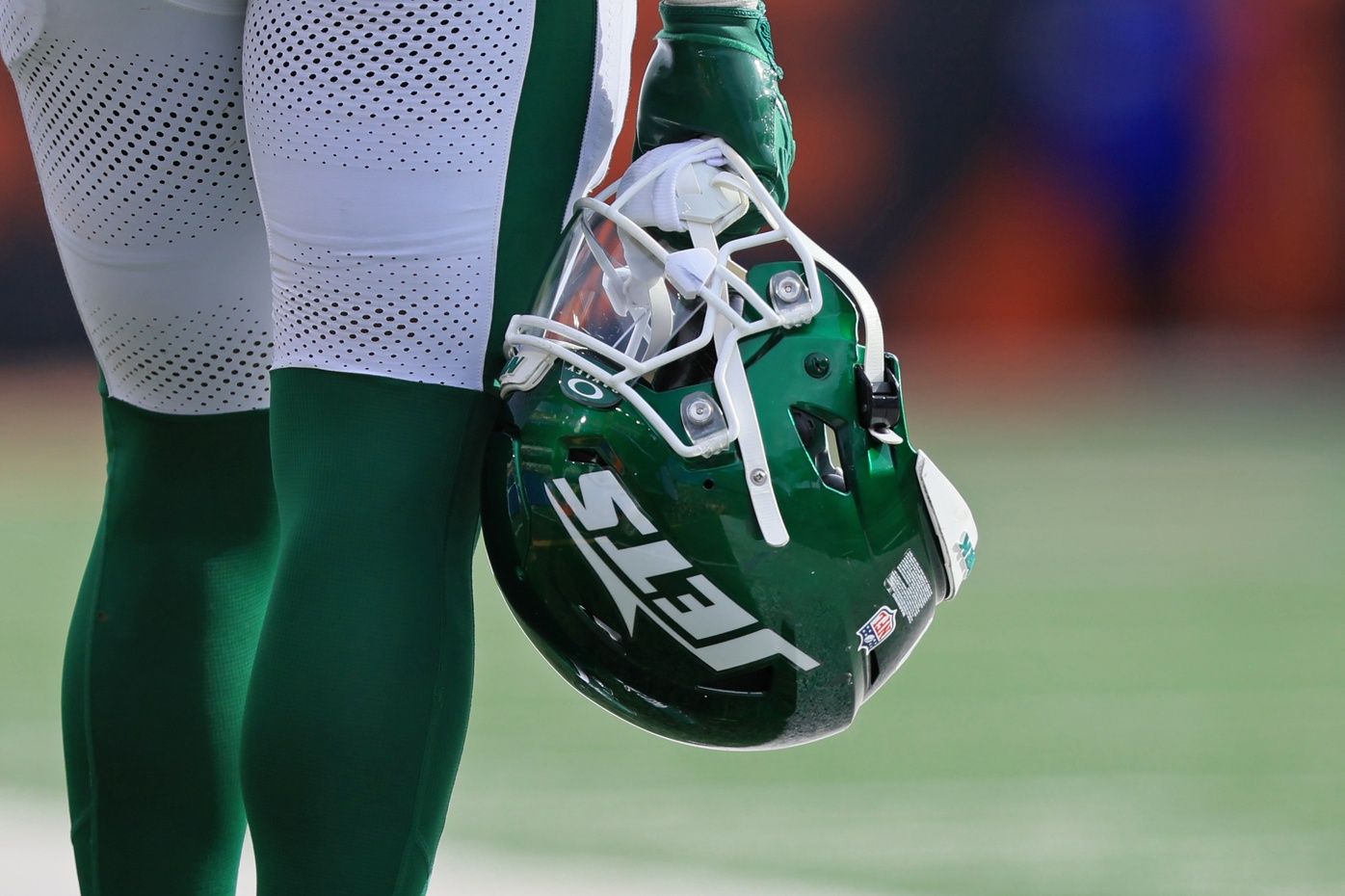 A detailed photo of New York Jets running back Breece HalÕsl (20) helmet during the fourth quarter against the Cincinnati Bengals at Paycor Stadium.
