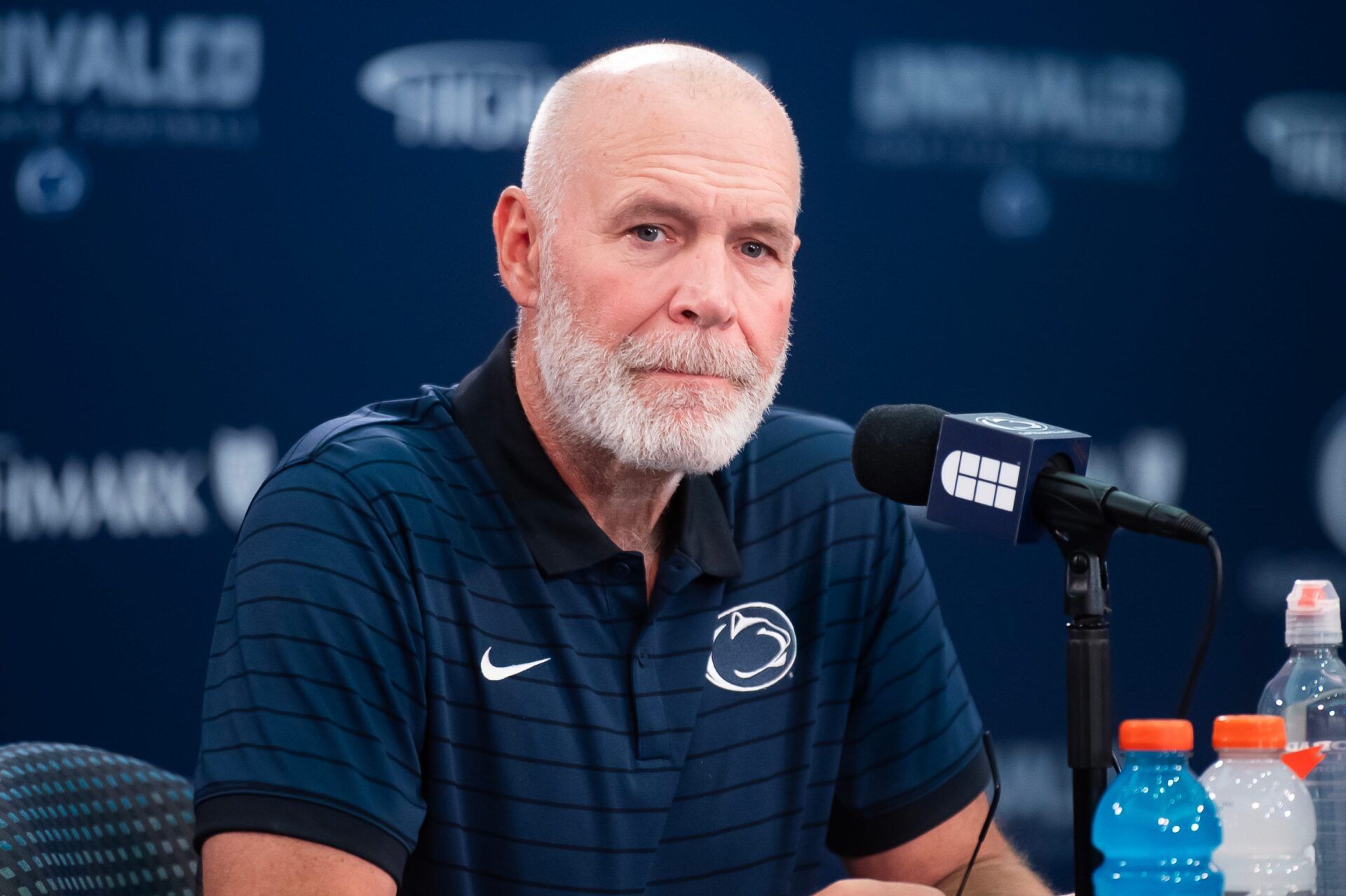 Penn State first-year defensive coordinator Jim Knowles talks with reporters during football media day in Beaver Stadium on Saturday, August 3, 2024, in State College.