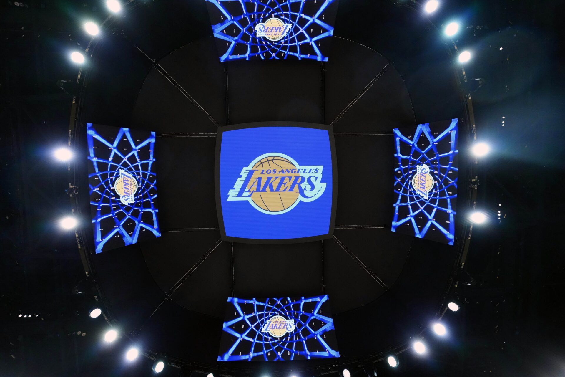 The Los Angeles Lakers logo on the Crypto.com Arena video board.