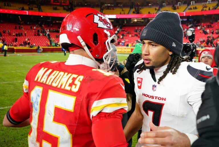 Kansas City Chiefs quarterback Patrick Mahomes (15) and Houston Texans quarterback C.J. Stroud (7) greet each other after the game at GEHA Field at Arrowhead Stadium.