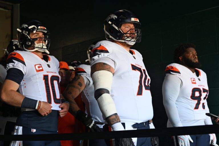 Denver Broncos quarterback Bo Nix (10), guard Ben Powers (74) and defensive tackle D.J. Jones (93) in the tunnel before game against the Philadelphia Eagles at Lincoln Financial Field.