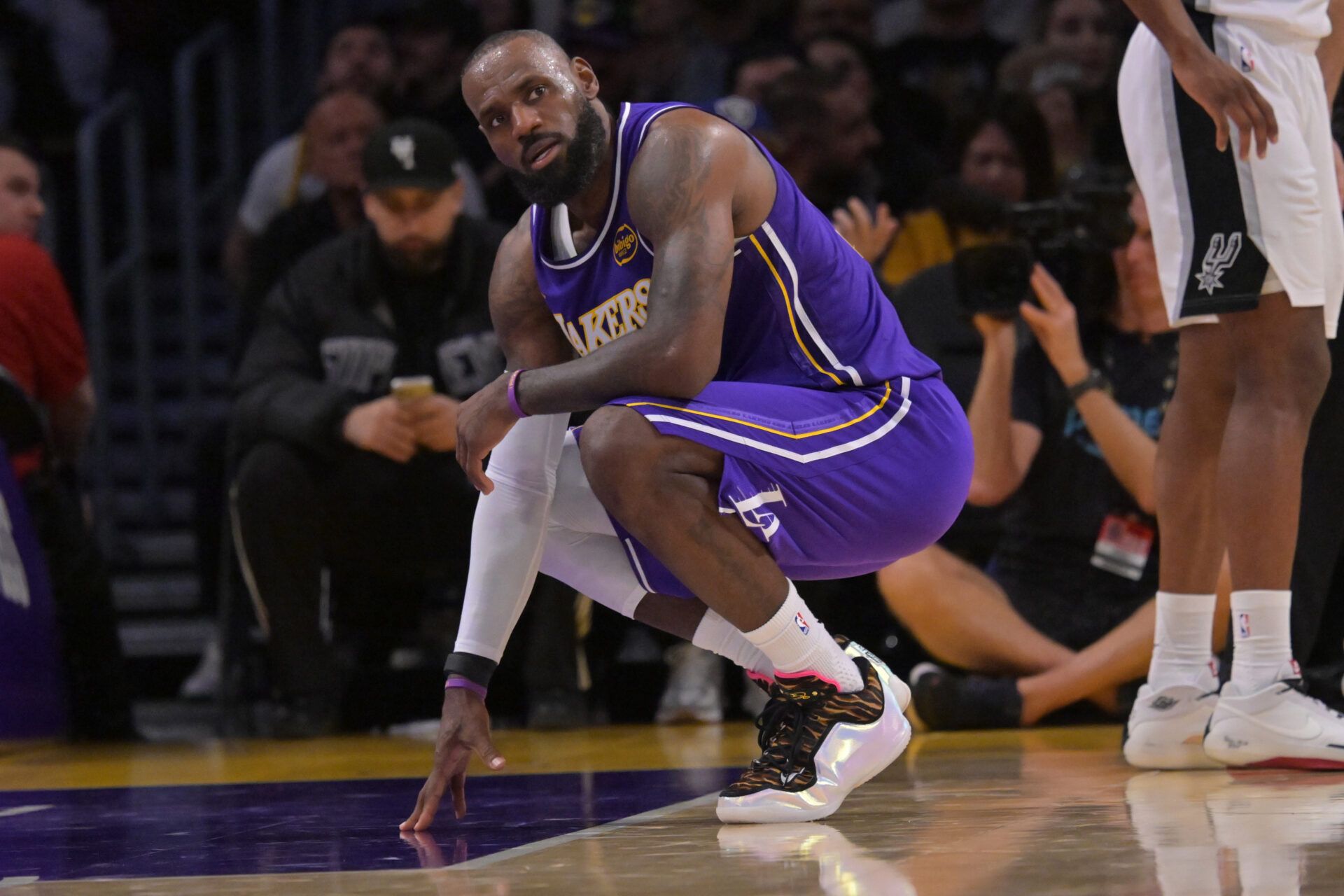 Los Angeles Lakers forward Lebron James (23) reacts after a foul call during the second half against the San Antonio Spurs at Crypto.com Arena.
