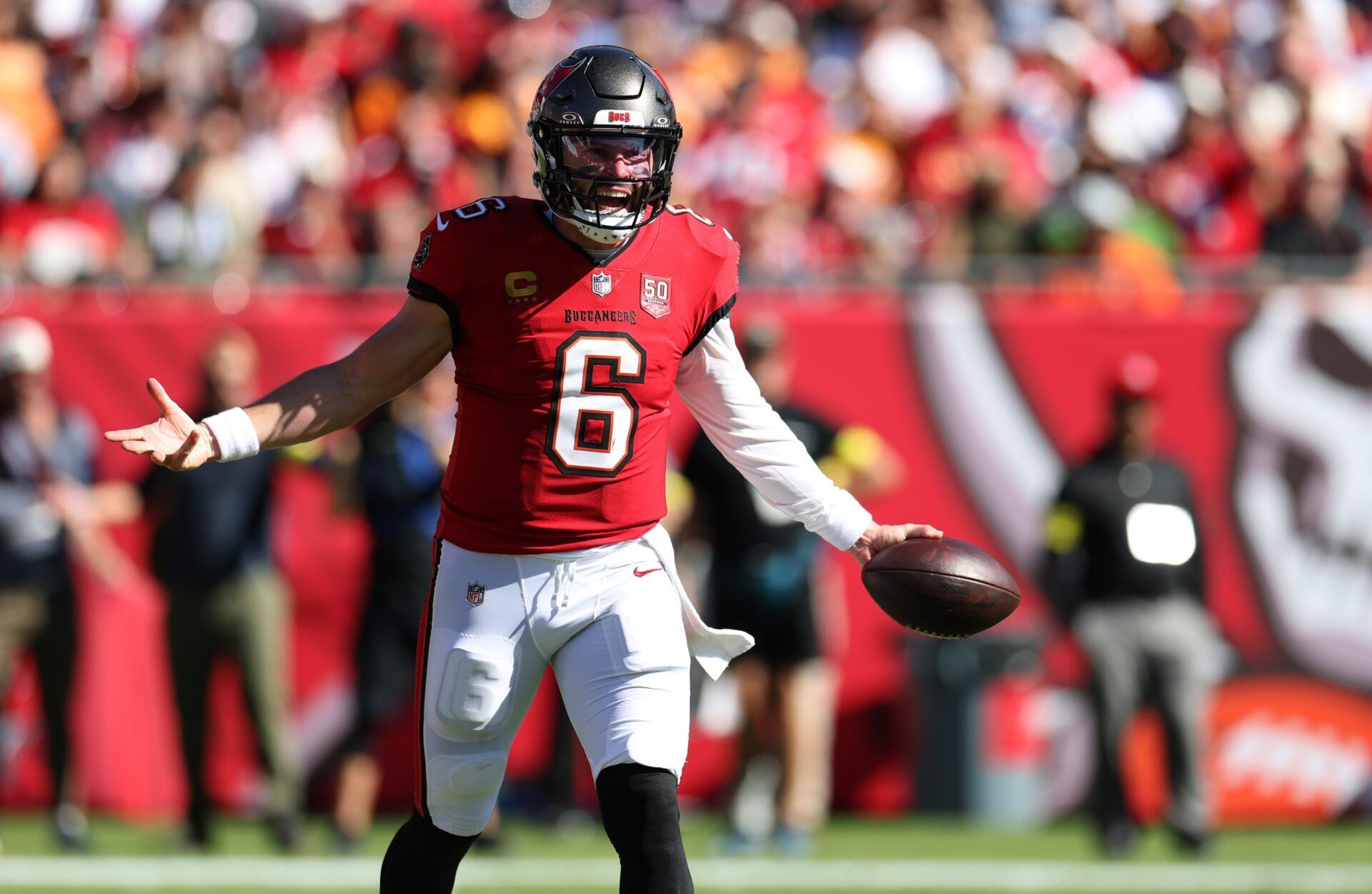 Tampa Bay Buccaneers quarterback Baker Mayfield (6) reacts after a play during the first half against the Arizona Cardinals at Raymond James Stadium.
