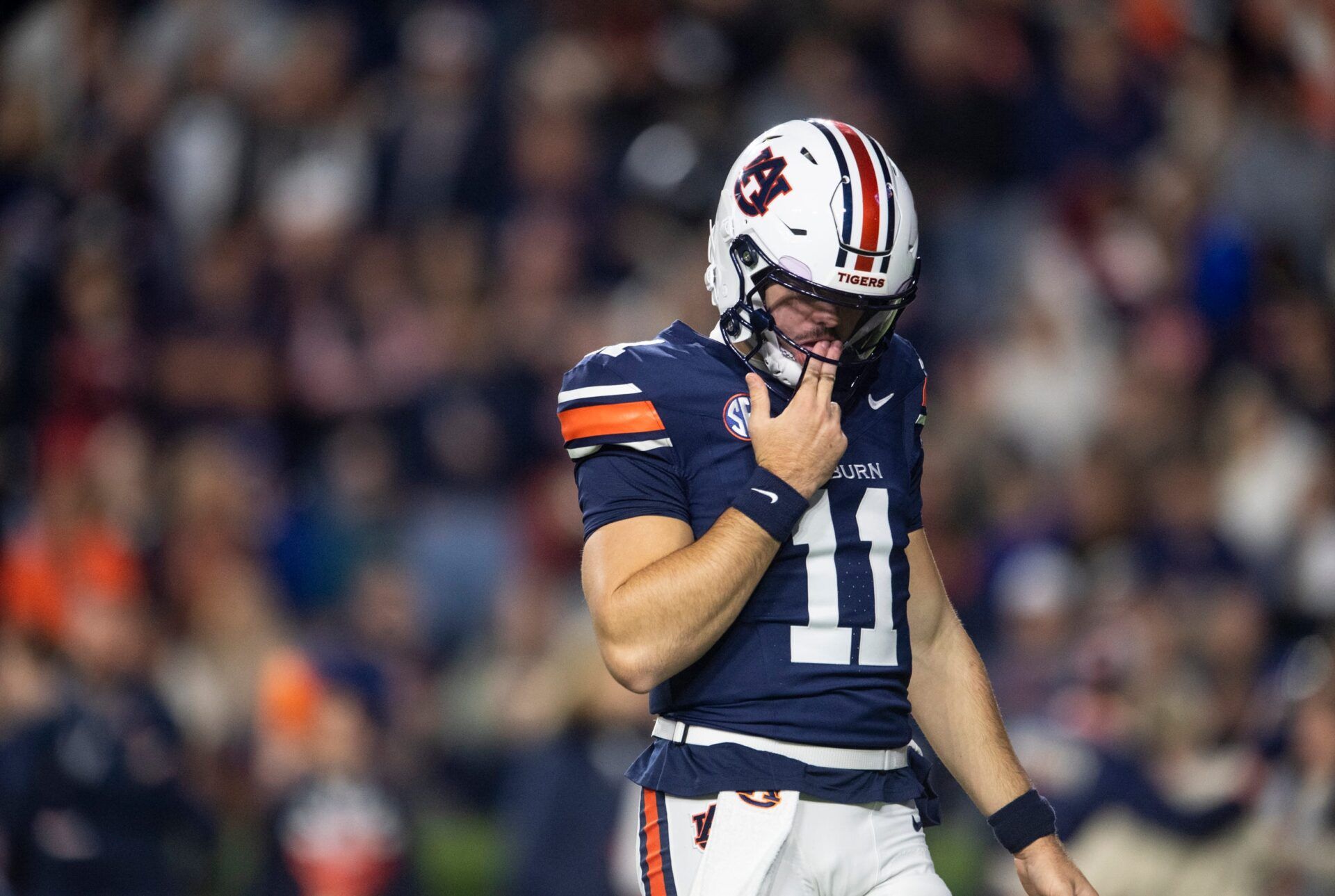 Auburn Tigers quarterback Jackson Arnold (11) takes the field for the first time in the second half as Auburn Tigers take on Kentucky Wildcats at Jordan-Hare Stadium in Auburn, Ala. on Saturday, Nov. 1, 2025. Kentucky Wildcats defeated Auburn Tigers 10-3.