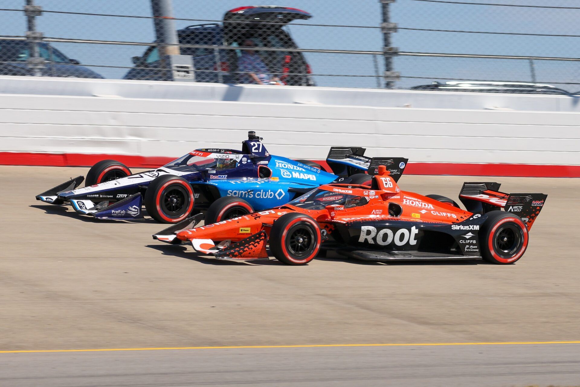 Andretti Autosport driver Kyle Kirkwood (27) of the United States and Meyer Shank Racing driver Marcus Armstrong (66) of New Zealand during the Borchetta Bourbon Music City Grand Prix at Nashville Superspeedway.