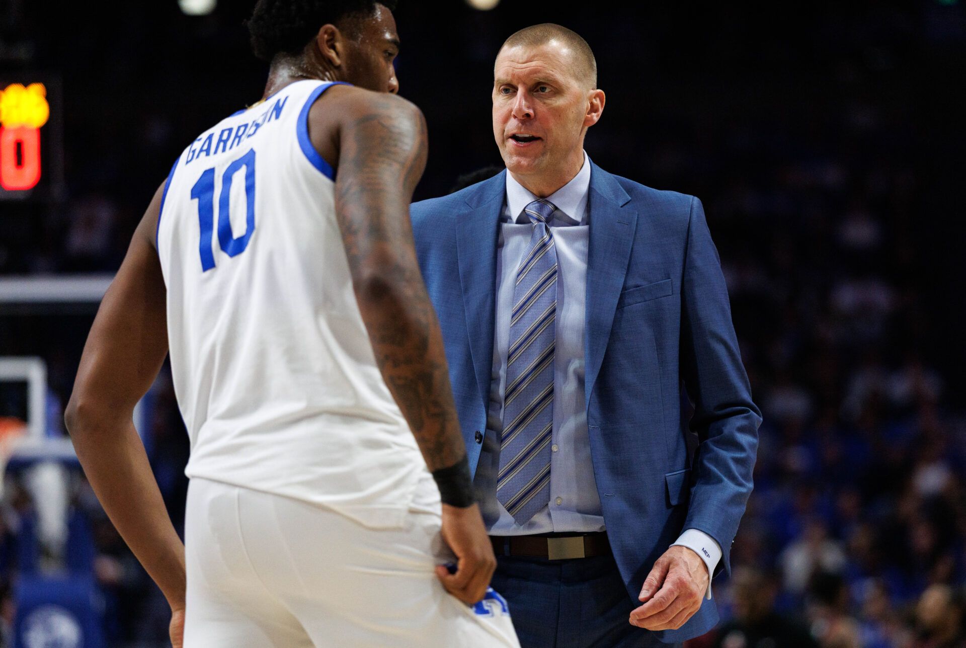 Kentucky Wildcats head coach Mark Pope talks with forward Brandon Garrison (10) during the first half against the North Carolina Central Eagles at Rupp Arena at Central Bank Center.