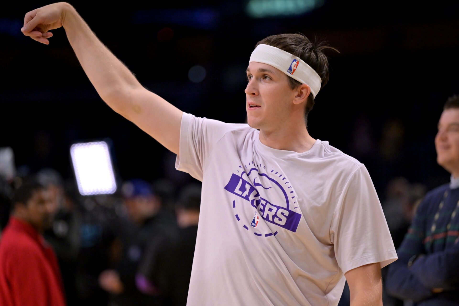 Los Angeles Lakers guard Austin Reaves (15) warms up prior to the game against the San Antonio Spurs at Crypto.com Arena.