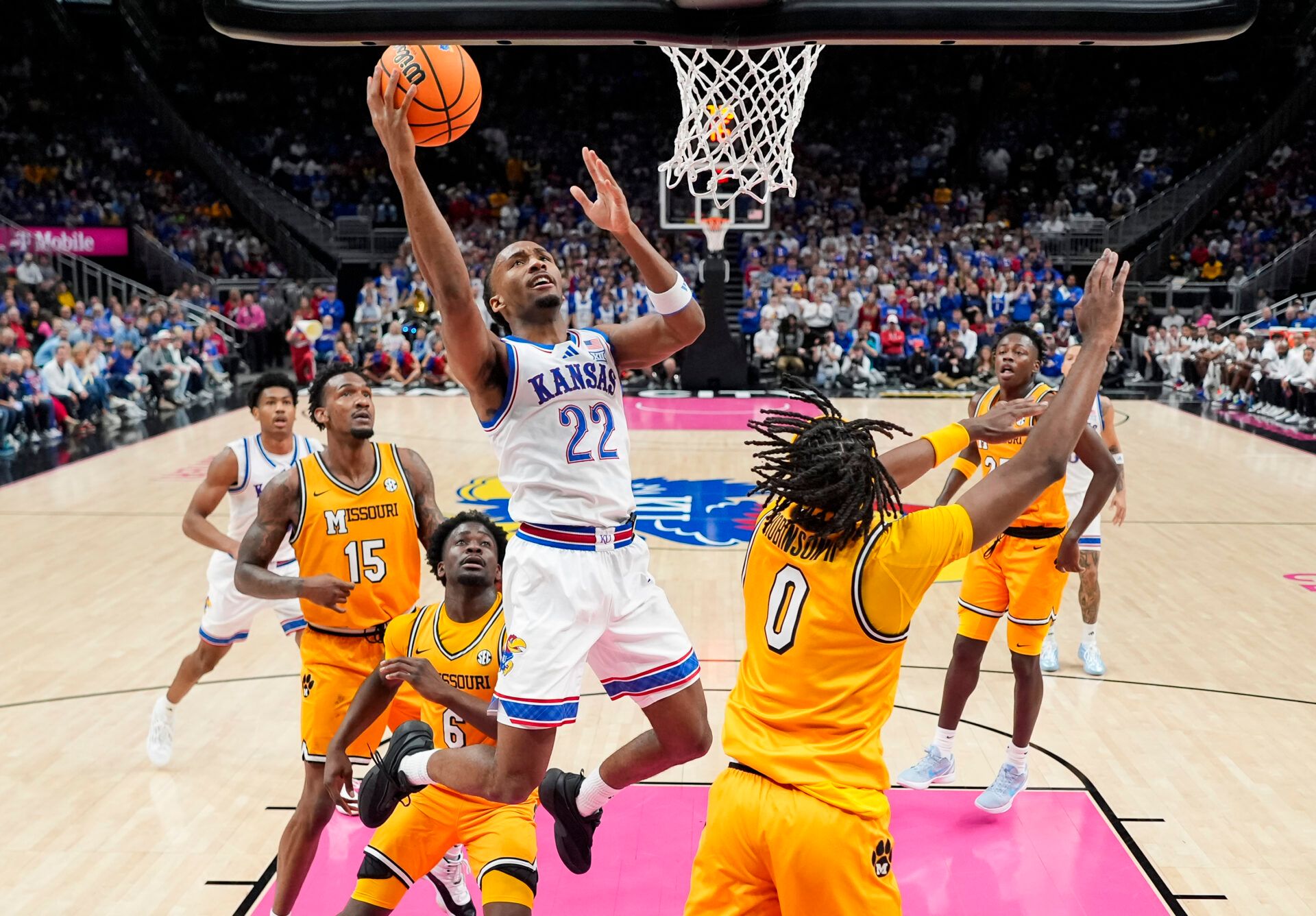 Kansas Jayhawks guard Darryn Peterson (22) shoots during the first half against the Missouri Tigers at T-Mobile Center.