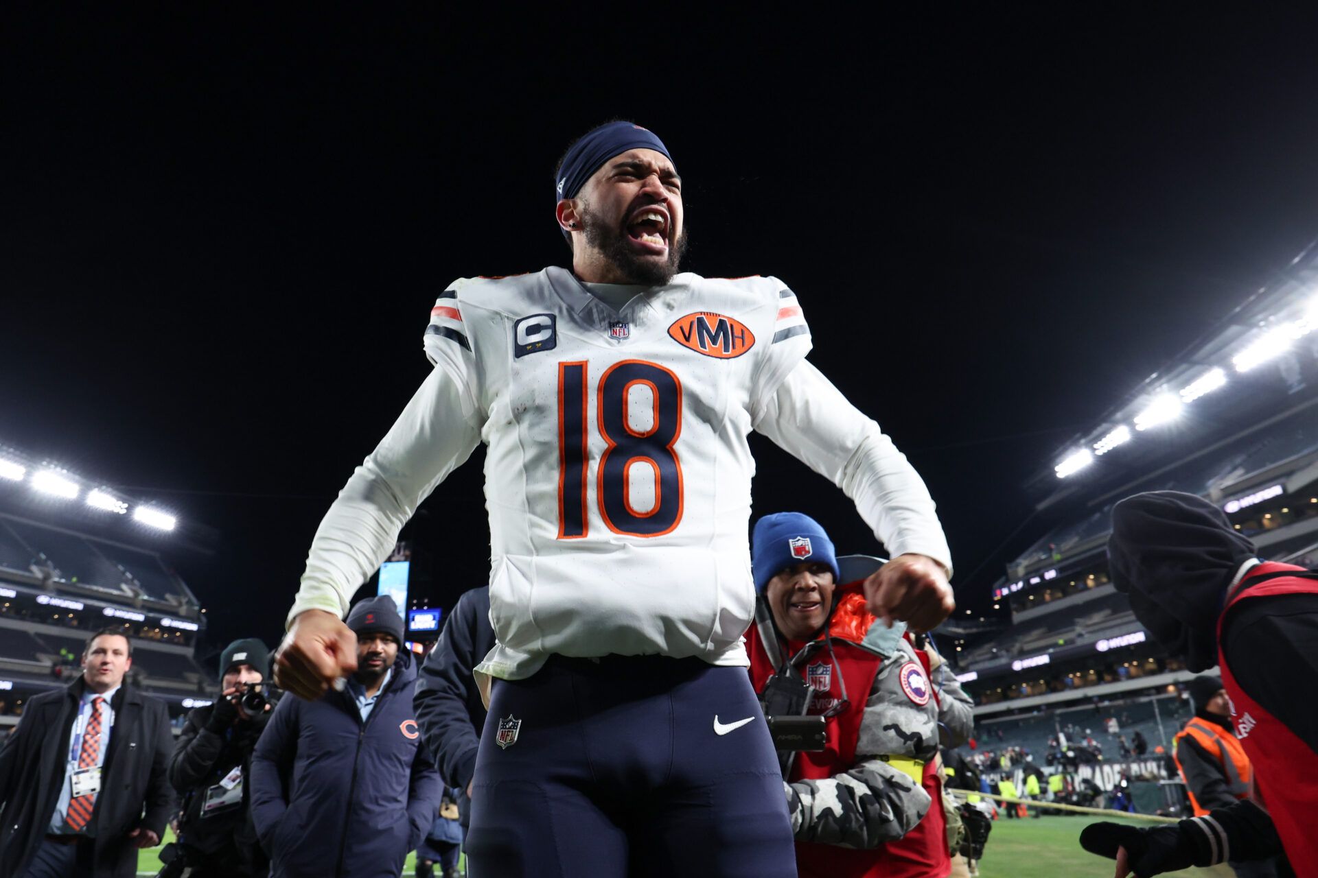 Chicago Bears quarterback Caleb Williams (18) celebrates after the game against the Philadelphia Eagles at Lincoln Financial Field.