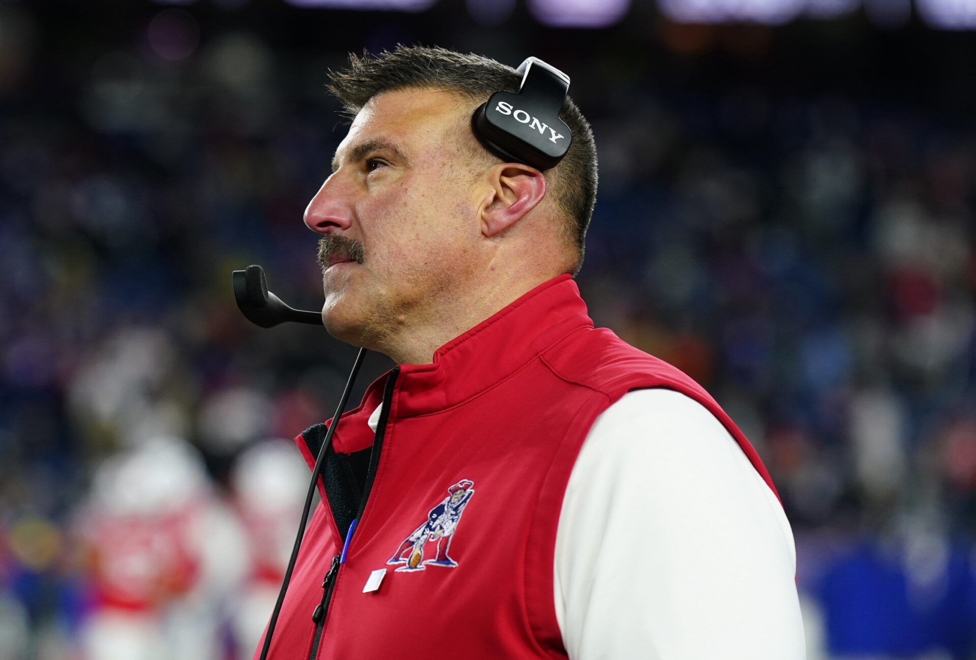 New England Patriots head coach Mike Vrabel watches from the sideline during the fourth quarter against the New York Giants at Gillette Stadium.