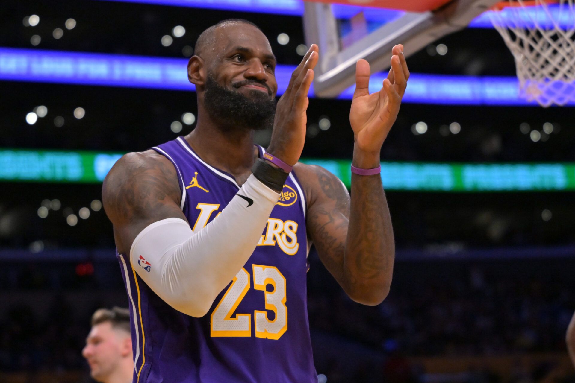 Los Angeles Lakers forward Lebron James (23) reacts after a missed basket during the second half against the San Antonio Spurs at Crypto.com Arena.