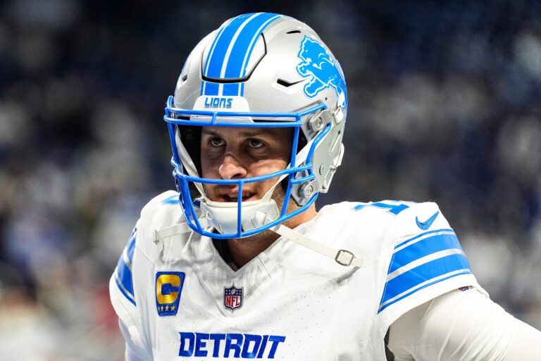 Detroit Lions quarterback Jared Goff (16) warms up before the Dallas Cowboys game at Ford Field in Detroit on Thursday, Dec. 4, 2025.