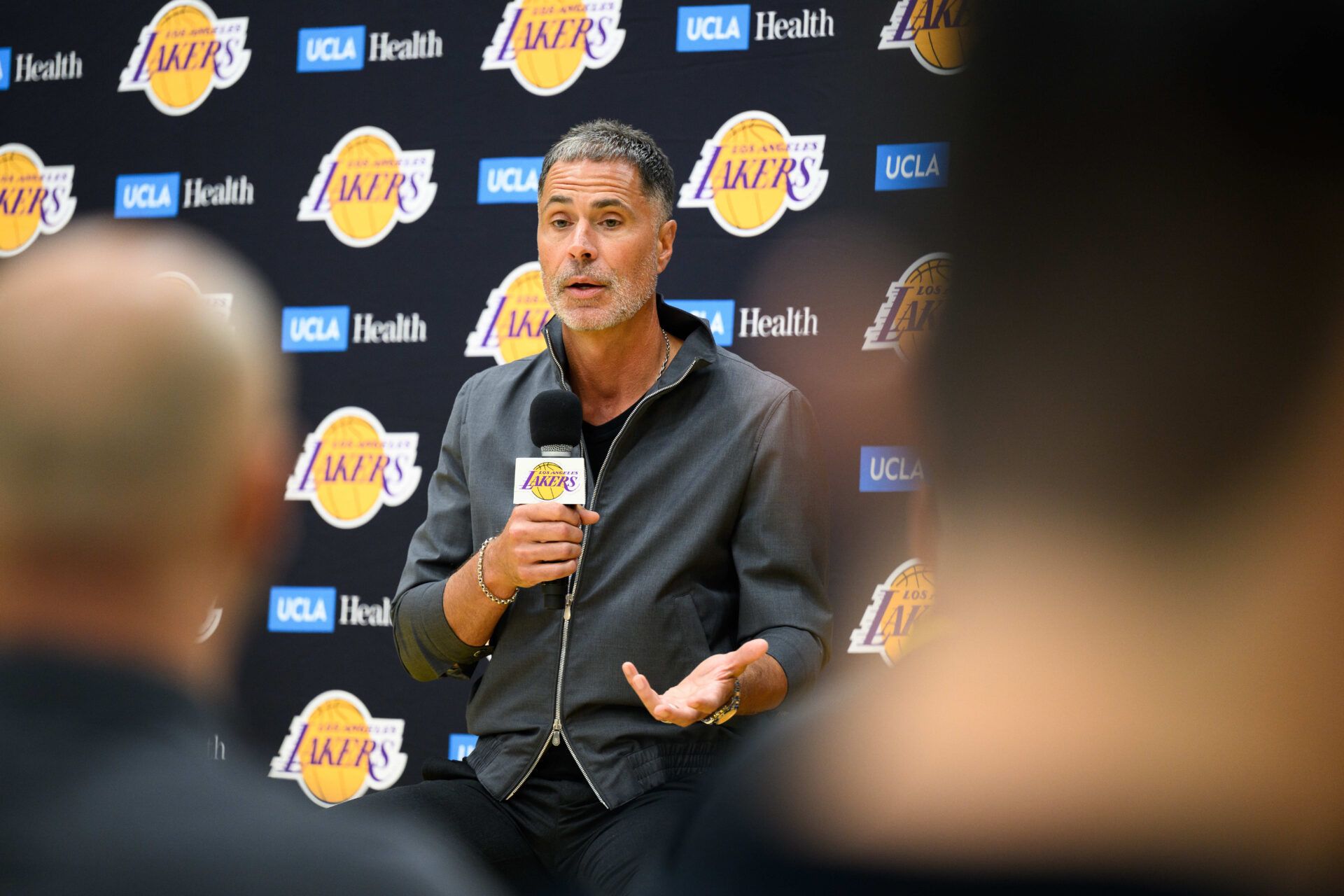 Los Angeles Lakers general manager Rob Pelinka speaks during a press conference to preview the 2025-26 season at UCLA Health Training Center.