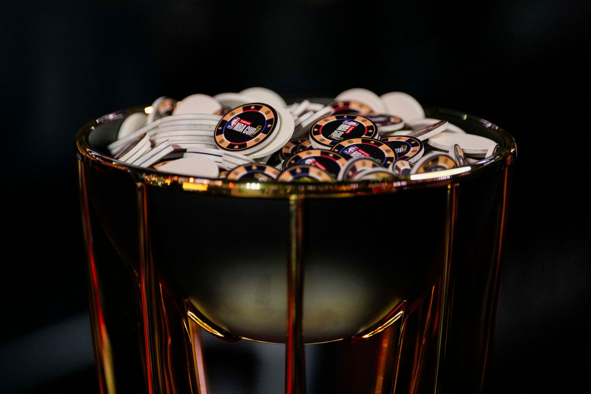 Gambling chips in the top of the trophy during practice prior to the Emirates NBA Cup semi-finals at T-Mobile Arena.