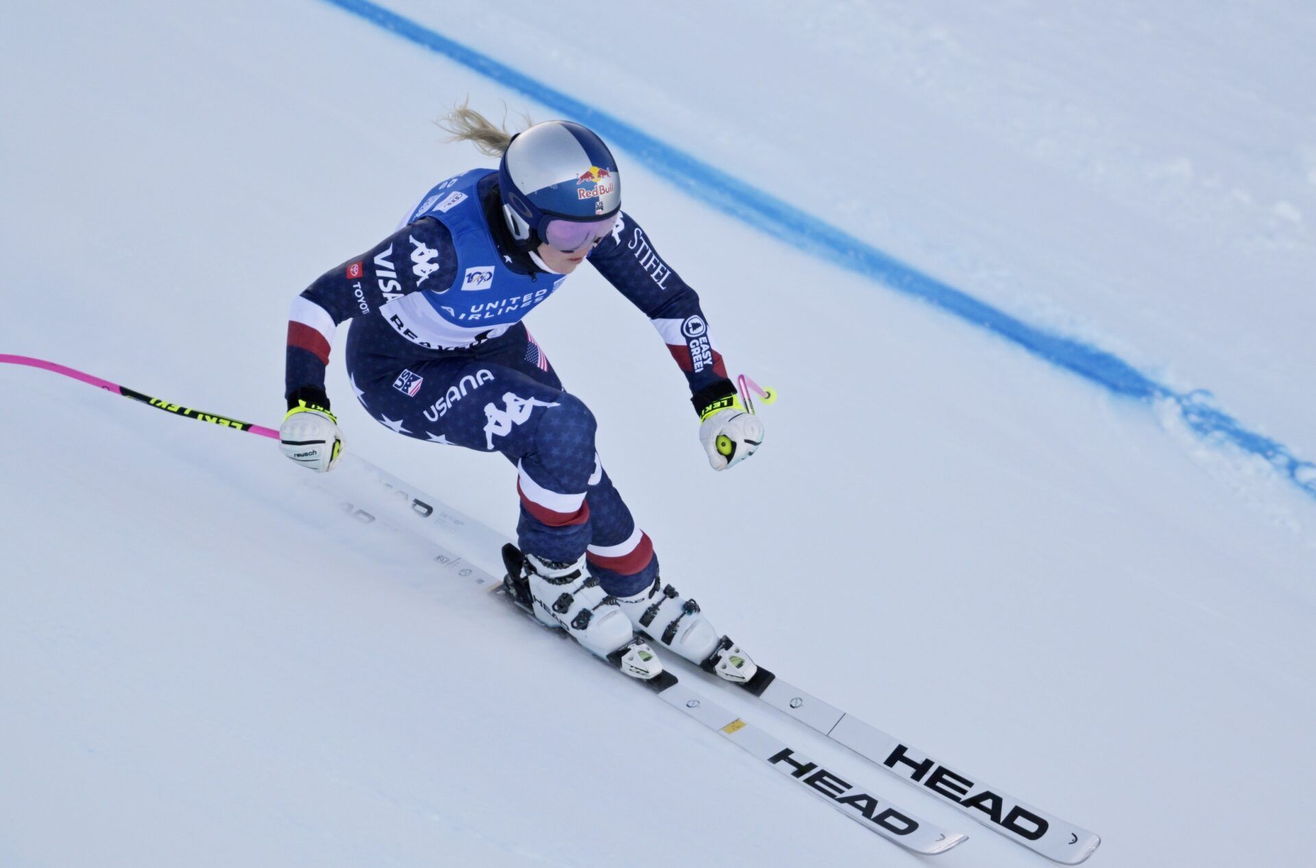 Lindsey Vonn of the United States makes her way down the course as a forerunner during women's downhill training for the 2024 Stifel Birds of Prey Audi FIS alpine skiing World Cup at Birds of Prey.