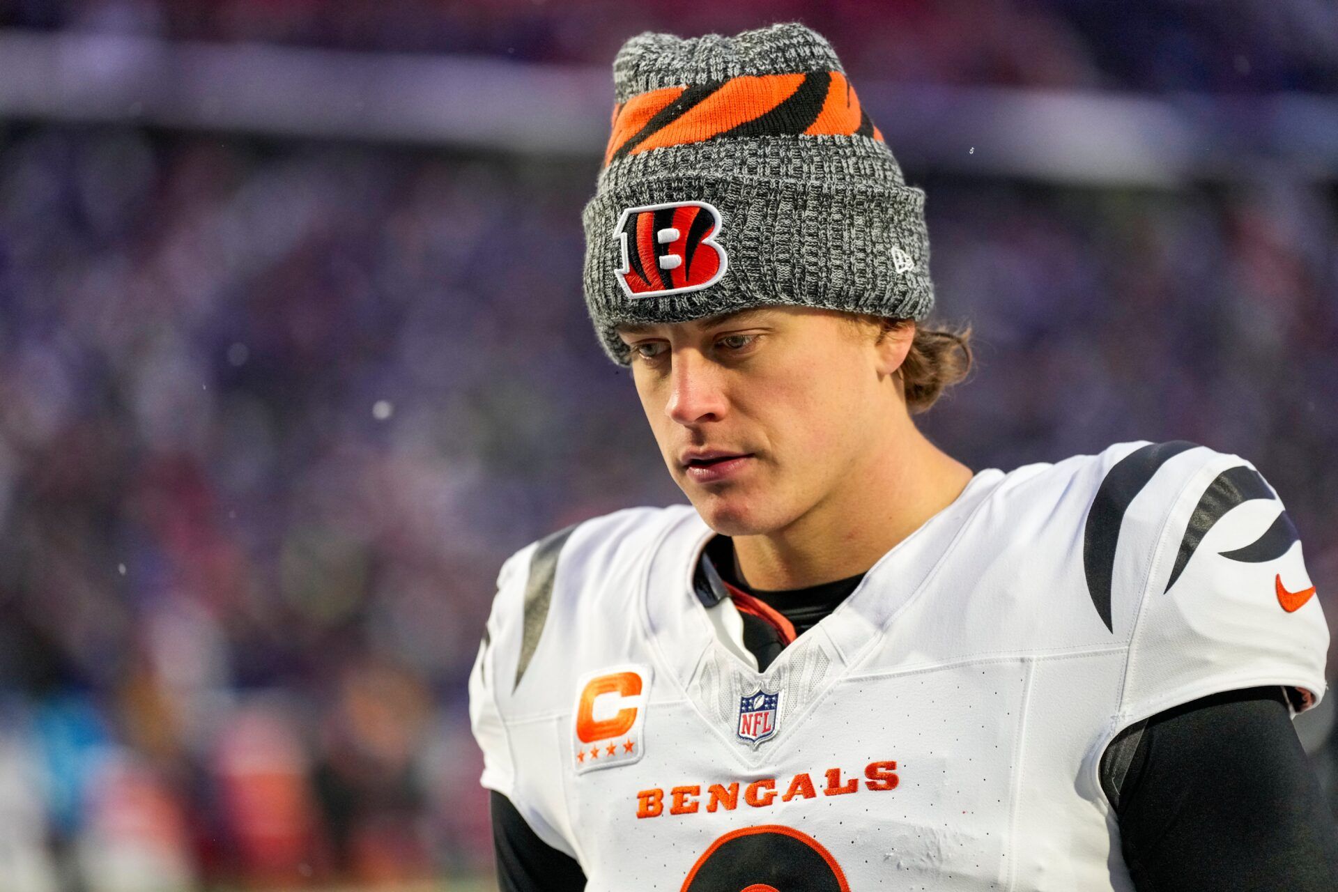 Cincinnati Bengals quarterback Joe Burrow (9) heads for the locker room after the fourth quarter of the NFL Week 14 game between the Buffalo Bills and the Cincinnati Bengals at Highmark Stadium in Orchard Park, N.Y., on Sunday, Dec. 7, 2025. The Bills overcame a halftime deficit to win 39-34.